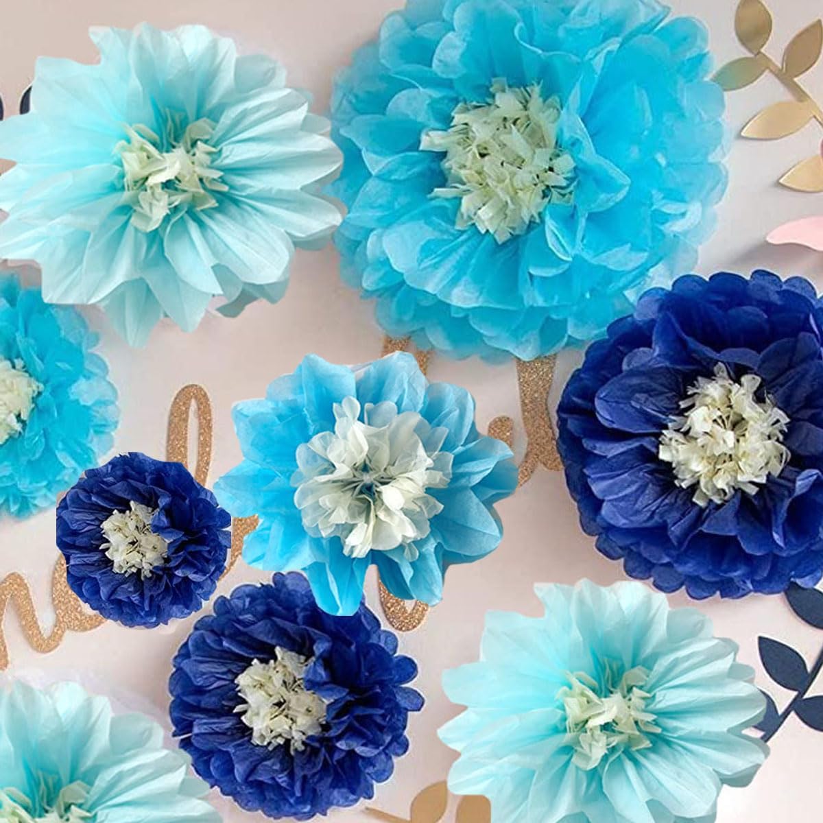 12pcs 8in 10in Paper Pom Poms Blue Hanging Paper Flowers Floral Backdrop Wedding Party Flower Decorations DIY Art Craft Blooms for Birthday Baby Shower Nursery Decor