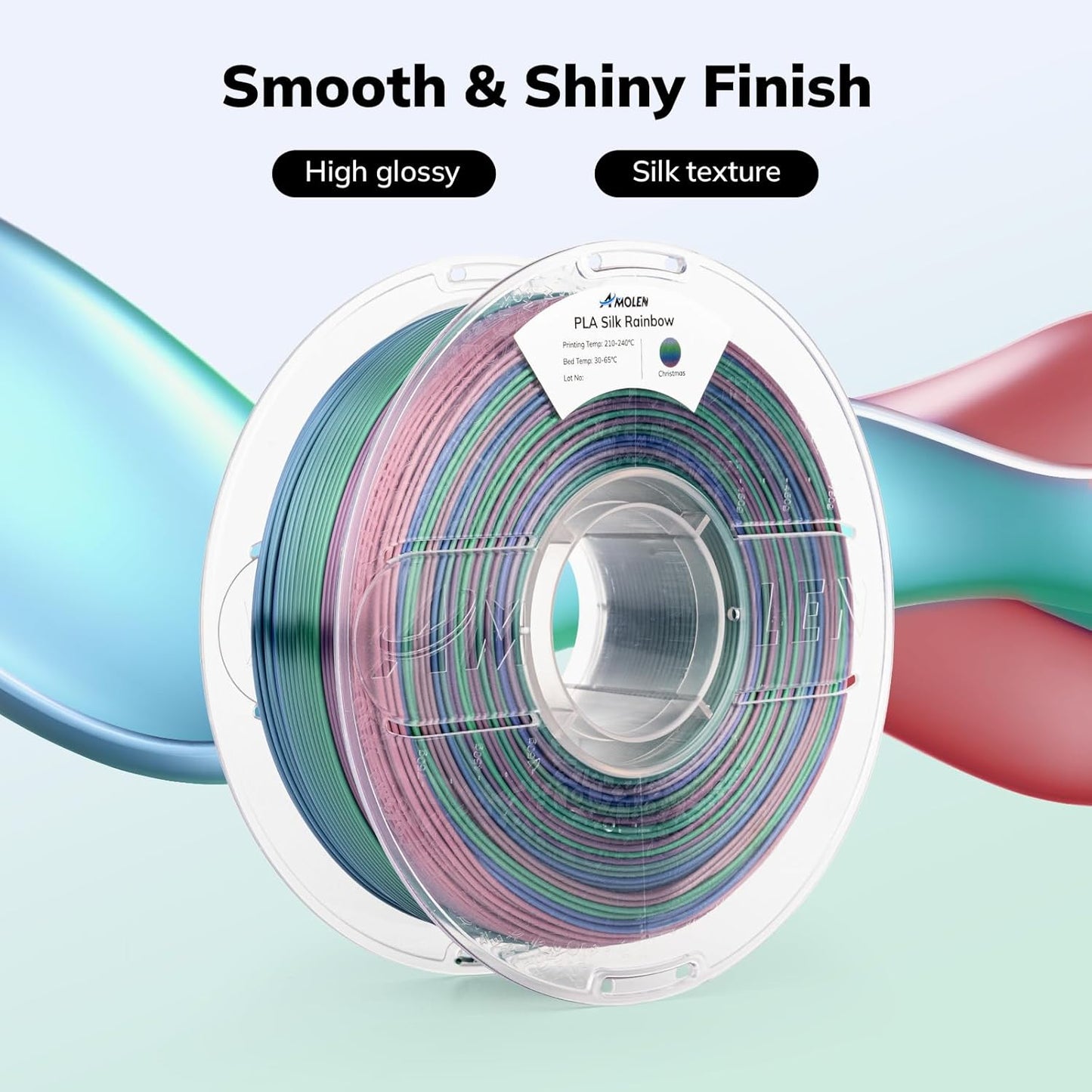 AMOLEN Silk PLA 3D Printer Filament, Shiny Multicolor Christmas Rainbow PLA Filament 1.75mm, Gradient Color Change PLA 3D Printing Filament for Most FDM 3D Printer, Red Blue Green Grey, 1kg (2.2lbs)