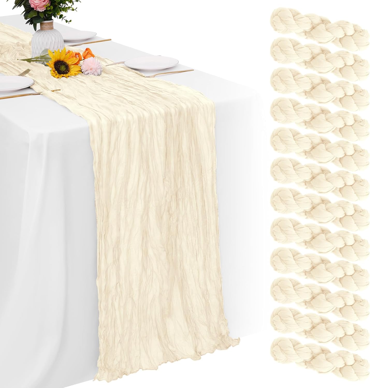 Aktor 12 Pack Ivory Table Runner Boho Cheesecloth Table Runner Semi Sheer Gauze Fabric Runners for Wedding Birthday Baby Shower Party Boho Table Decoration（Ivory）