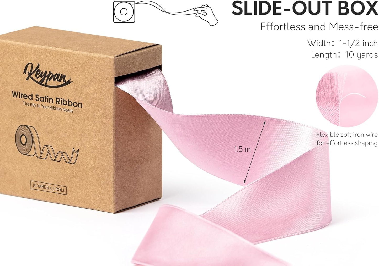 Pink Satin Ribbon Double-Faced Wired Ribbons for Gift Wrapping Flower Bouquet Bows Wedding Invitation Christmas Decor Crafts 1-1/2 Inch 10 Yards