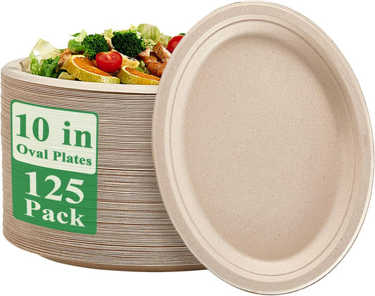Vplus 100% Compostable Oval Paper Plates 10 inch 125 Pack Super Strong Disposable Paper Plates Bagasse Natural Biodegradable Eco-Friendly Sugarcane for BBQ, Party, Gathering, and Picnic