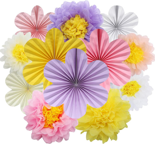 BestoFun 12PCS Paper Flowers Fans Colorful Party Decorations Tissue Paper Flowers Decorations for Girl Groovy Birthday Baby Shower Wedding Bachelorette Room Wall Hanging Décor