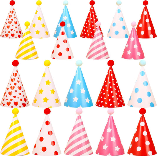 20 Pcs Birthday Party Cone Hats with Pom Poms Assorted Cone Paper Hat for Birthday Christmas New Year Party Supplies, 10 Styles