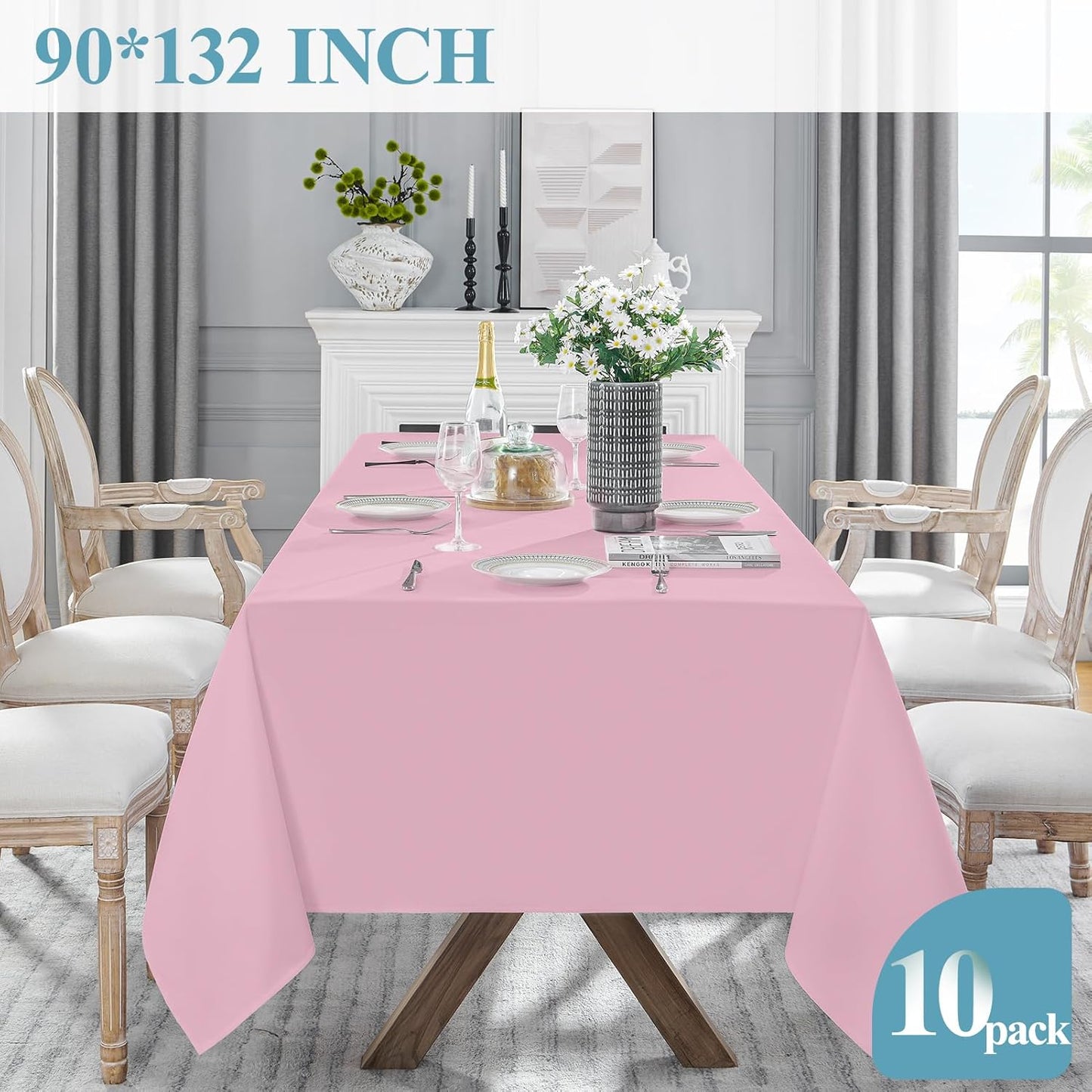 VidaFete Tablecloth 10 Pack 90 * 132inch Rectangle Table Cloth Polyester, Stain Wrinkle Resistant Polyester Dining Table Cover for Kitchen Dinning Party Wedding Rectangular Buffet Decoration(Pink)