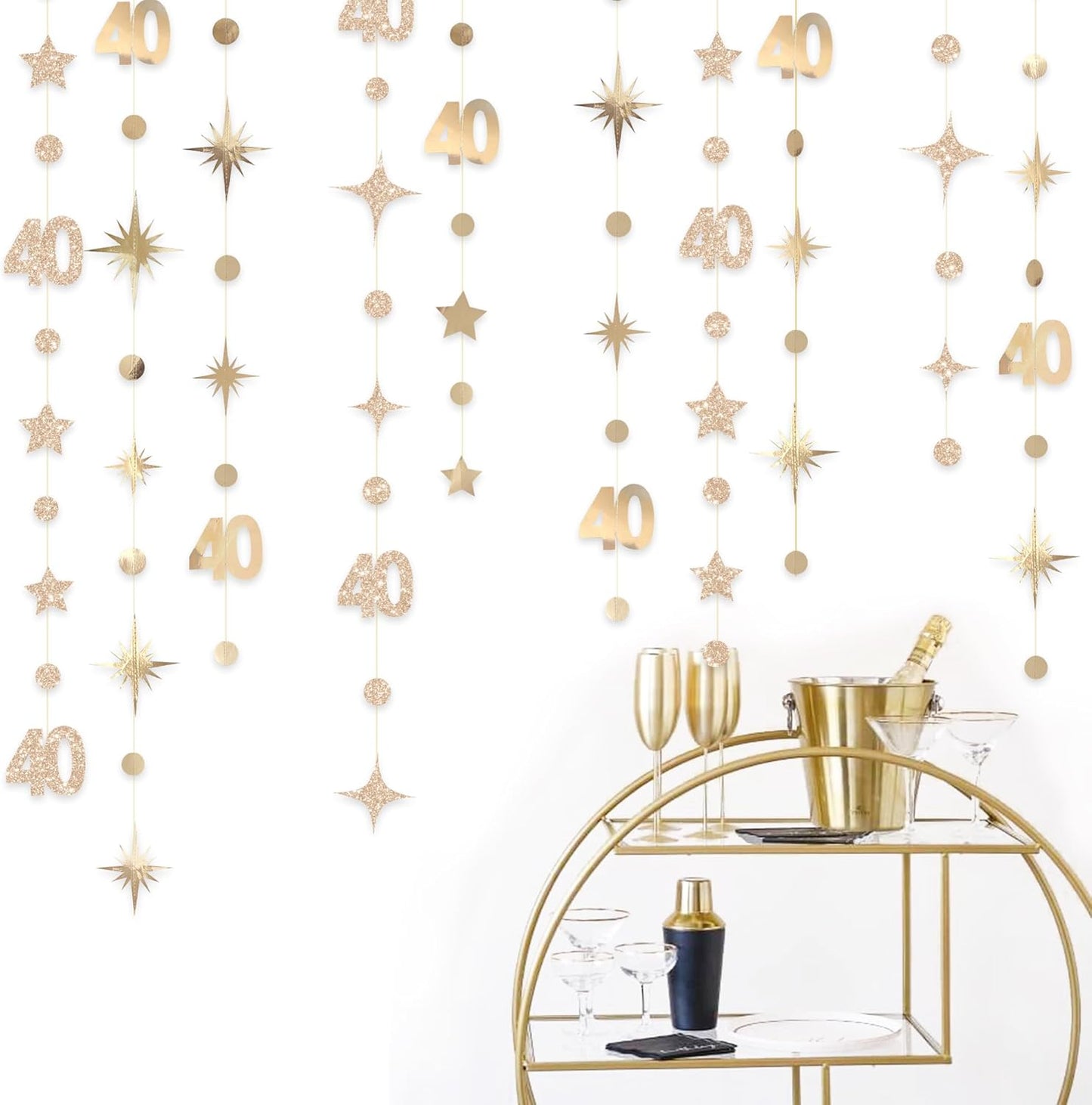 Champagne Gold 40th Birthday Decorations Number 40 Circle Dot Twinkle Star Garland Streamer Banner Backdrop for Women Mens Cheers to 40 Years Old Birthday Happy 40th Anniversary Party Supplies