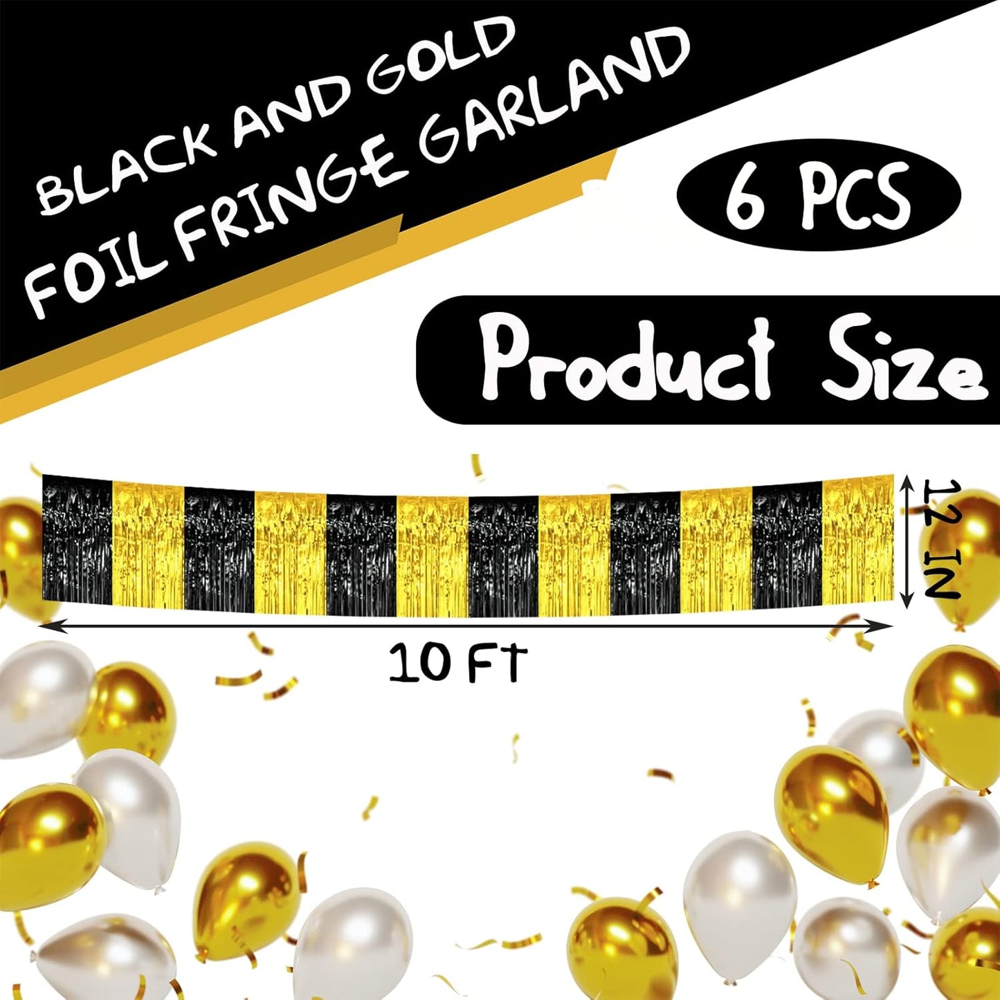6 Pack 10 Feet Black Gold Foil Fringe Garland Metallic Tinsel Streamers Banner Wall Hanging Curtain Backdrop Banner for Parade Floats, Thanksgiving, Christmas, Birthday, Halloween Party Decorations
