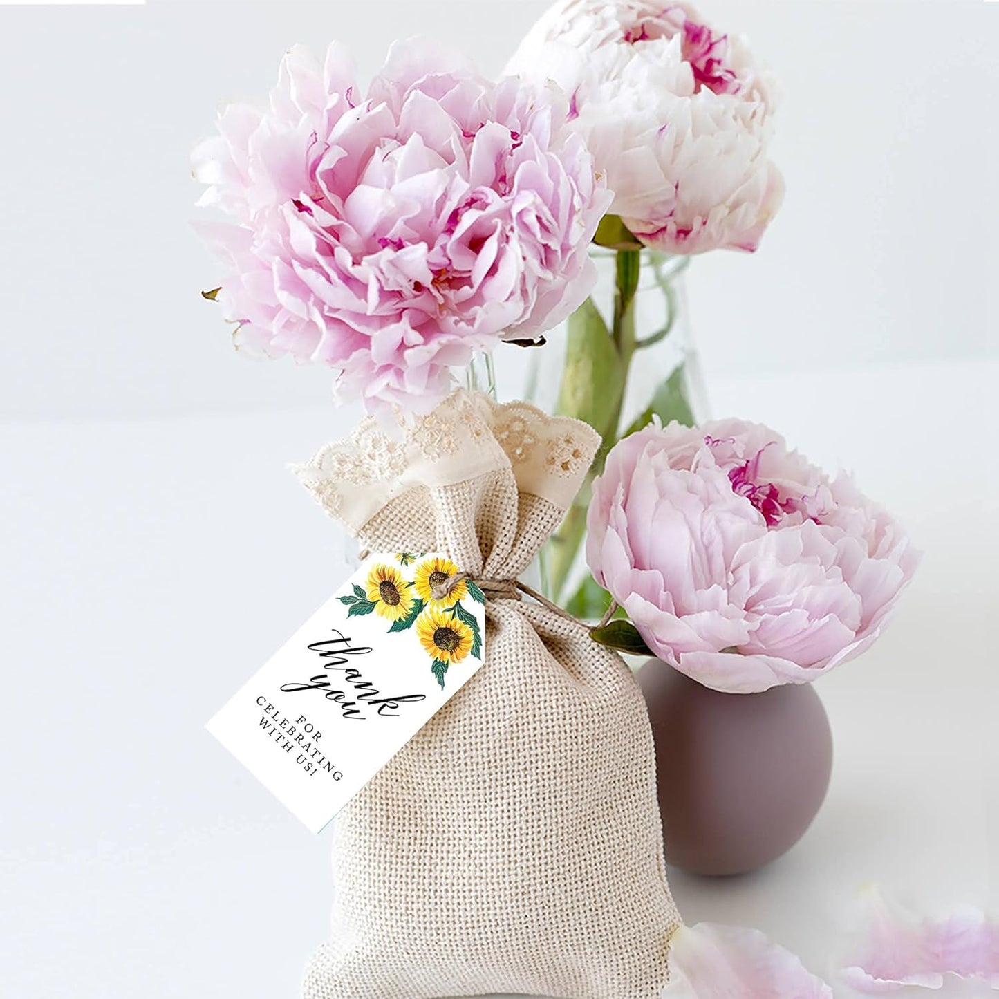 Andaz Press 100-Pack Thank You for Celebrating with Us Favor Tags Sunflowers Cardstock Gift Tags with Bakers Twine for Wedding Baby Shower Bridal Shower Birthday Party Favors 2 x 3.75-Inches