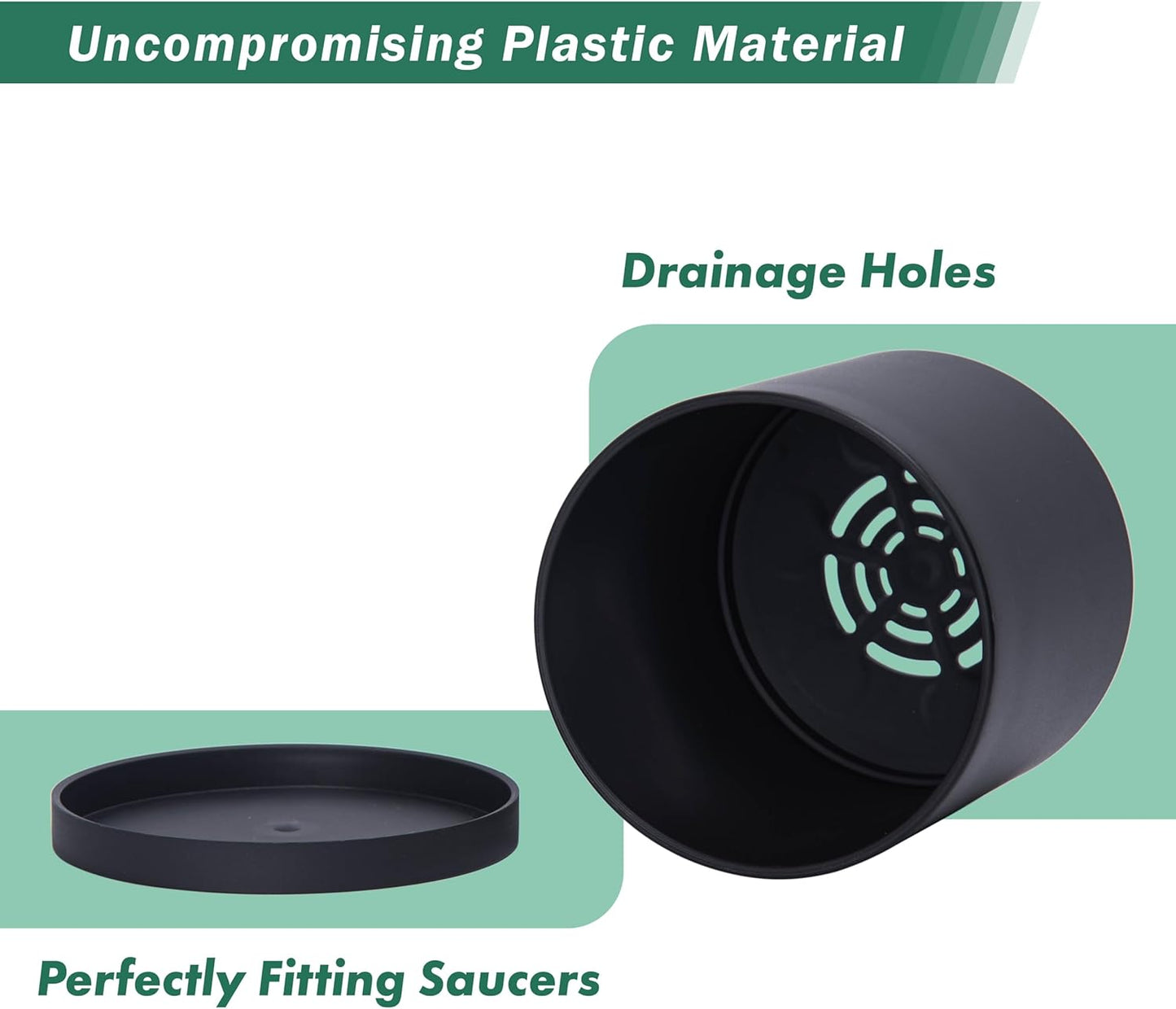 D'vine Dev 6 Pack 5 Inch Modern Plastic Plant Pots, Small Garden Planters for Plant with Drainage Holes and Saucers, Black Color, 74-Y-G-3