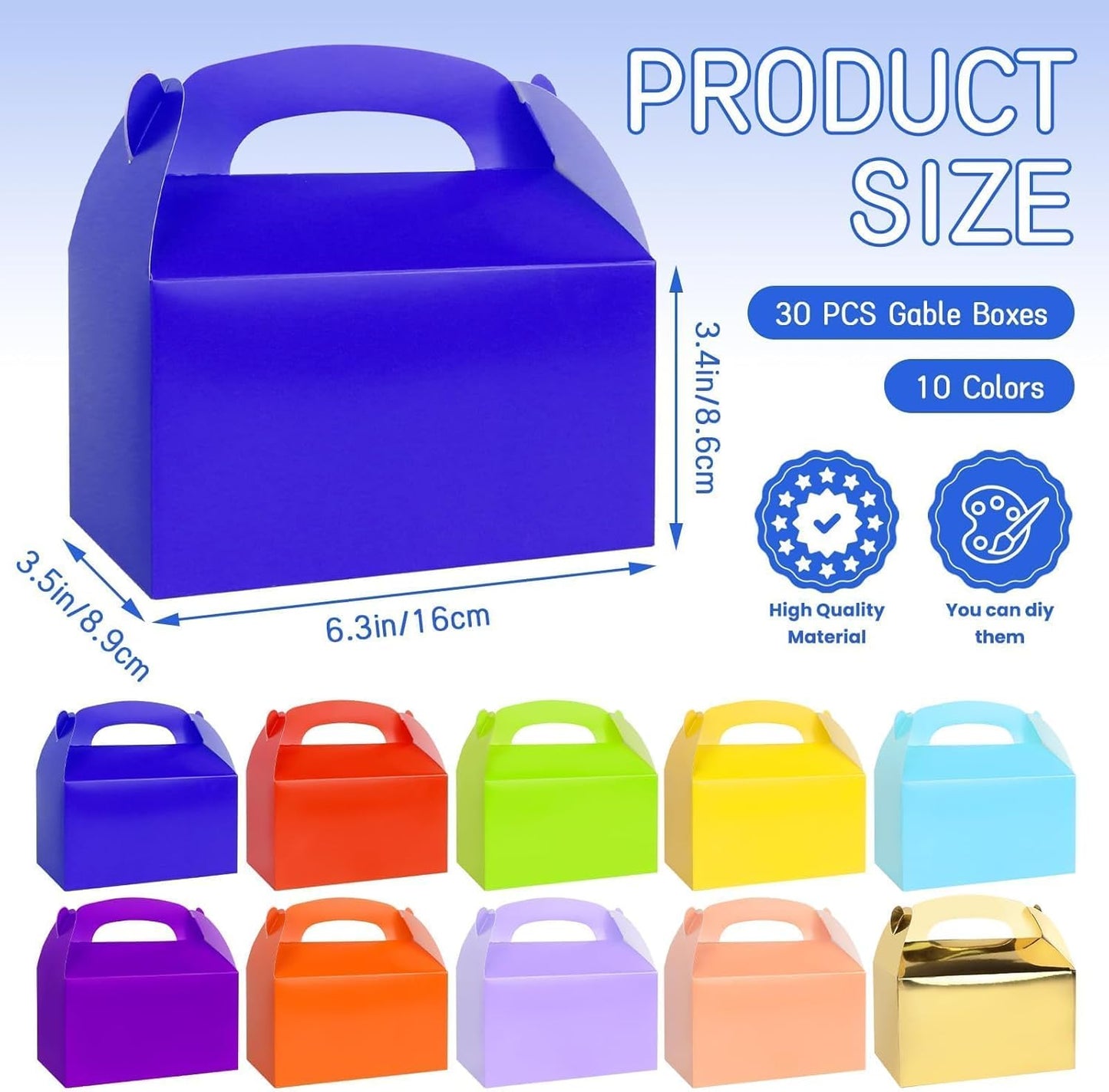 Rcybeo 30 PCS Gable Treat Boxes for Party, 10 Colors Candy Boxes Party Favor for Kids Birthday, Snack Goodie Candy Treat Boxes for Wedding Party Favors, Baby Shower, 6.3 x 3.5 x 3.5 In