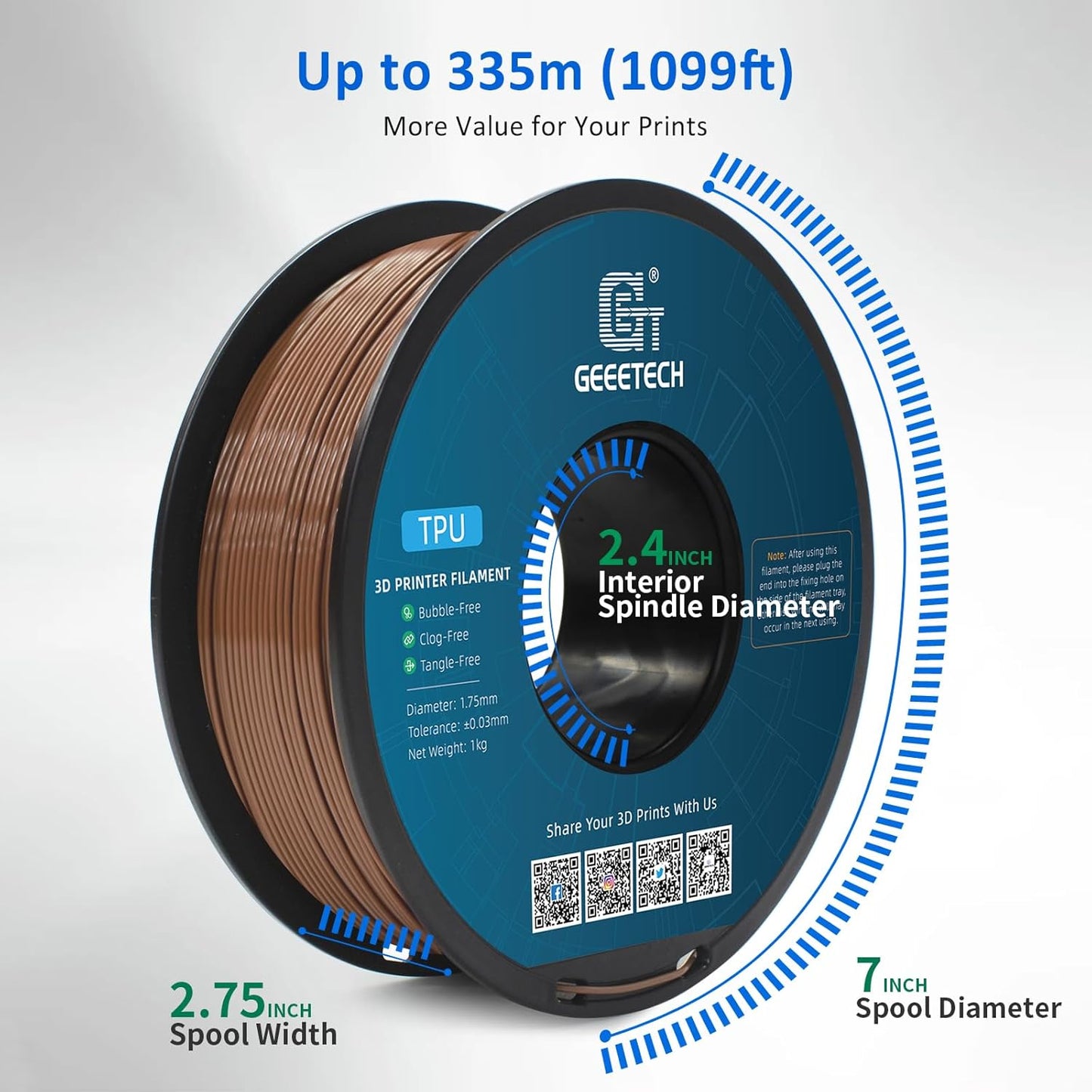 Geeetech TPU Filament 1.75mm, Shore 95A – Flexible 3D Printer Filament with High Elasticity, 1KG (2.2lbs) Spool, Dimensional Accuracy ±0.03mm, Fits Most FDM Printers (Brown)