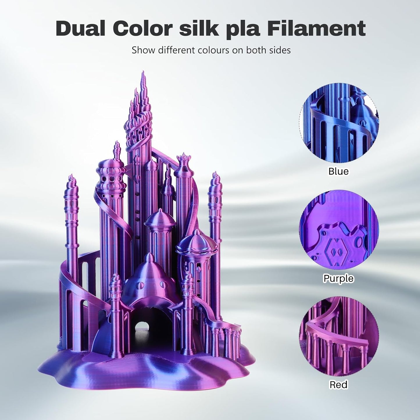 Silk PLA Filament 1.75mm Blue Purple Red Triple Color PLA 3D Printer Filament 3 in 1 Coextrusion 1KG Spool(2.2lbs) 3D Printing Filament Dimensional Accuracy +/- 0.03mm