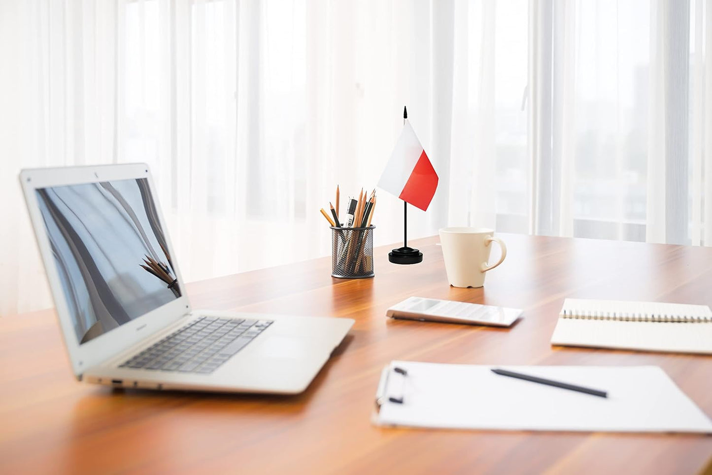 Poland Poles Deluxe Desk Flag Set Small Mini Miniature Poland Poles Table Desktop Flags With Solid Pole, Black Base and Spear Top (2 Pack)