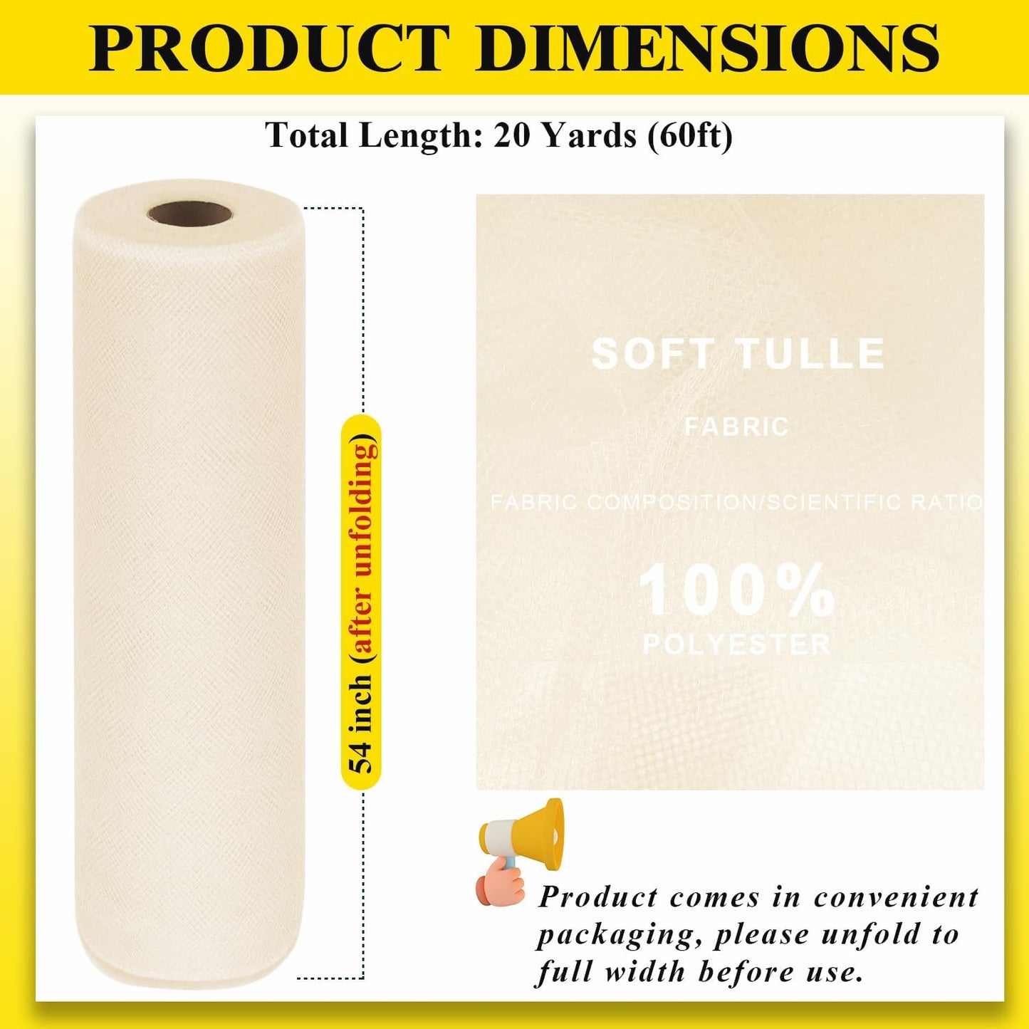 54" by 20 Yards Ivory Tulle Fabric Rolls - Tutu Spool Bolt for DIY Wedding Decoration, Baby Shower Tutu Skirt, Gift Wrapping - Large Matte Tulle, Roll Packaging
