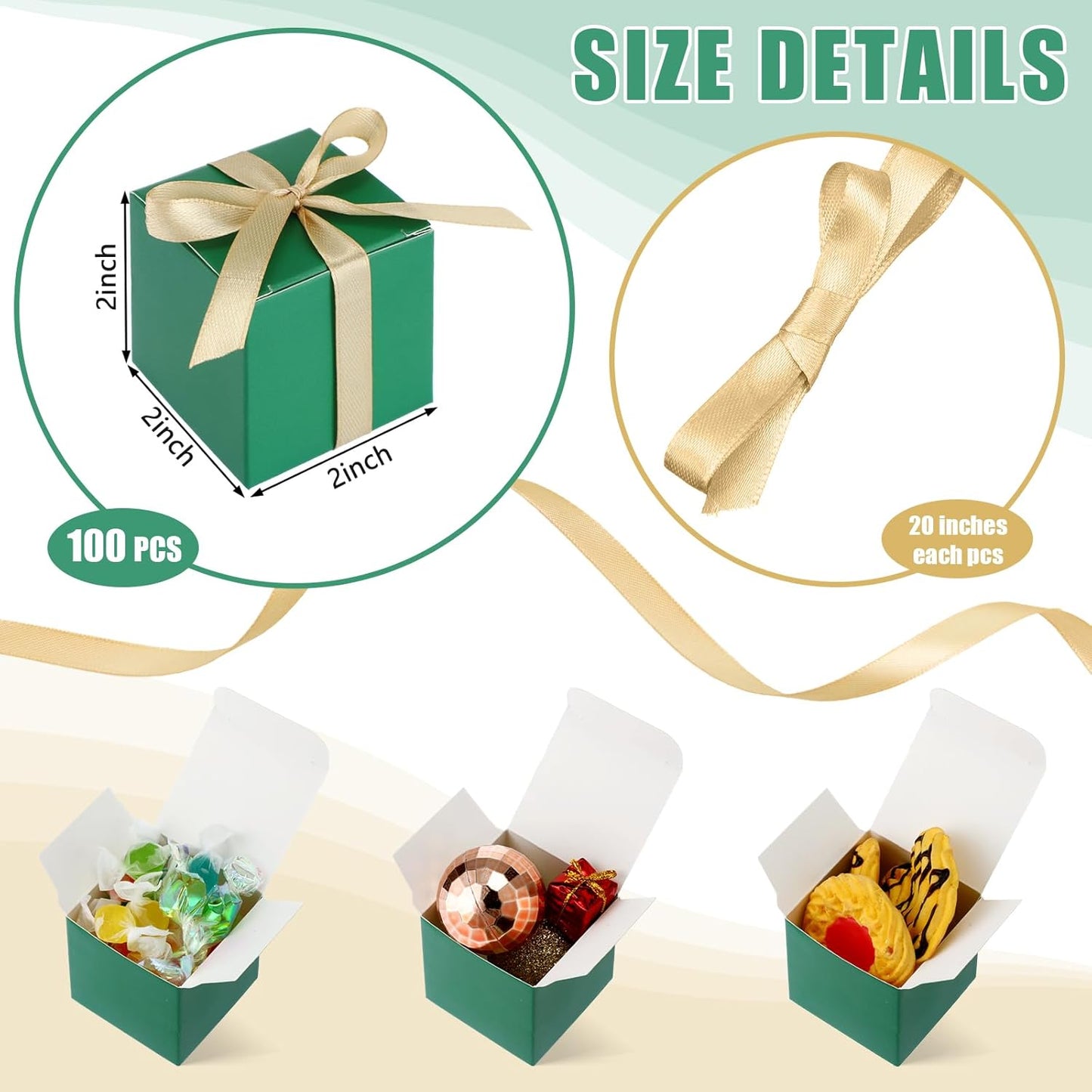 Jutom 100 Pcs Mini Favor Boxes Extra Small Candy Boxes Paper with Gold Ribbon for Christmas Thanksgiving Day Birthday Wedding Anniversary Supplies(2 x 2 x 2 Inch,Green)
