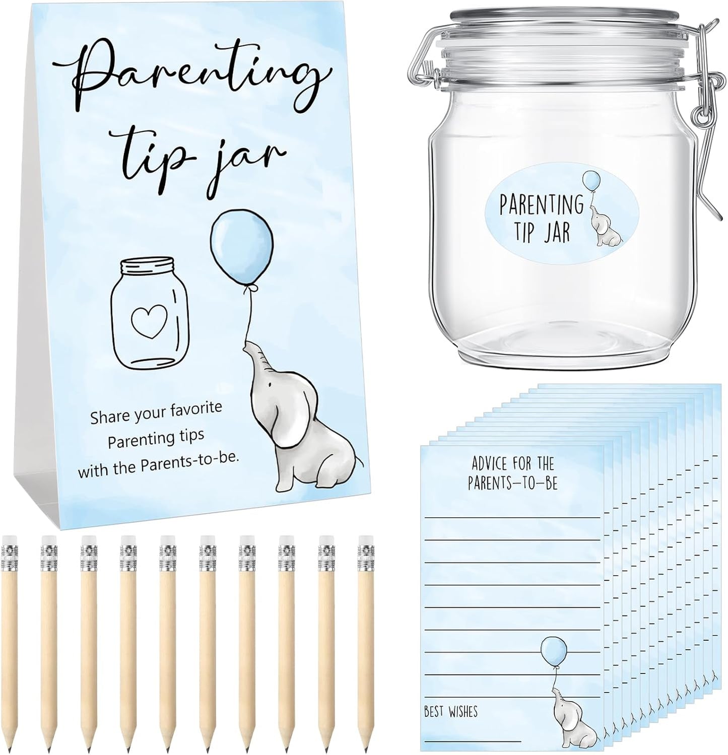 Roowest Baby Shower to Baby Advice Cards for New Parents to Be - Tip Jar Sign for New Parents 60 Parenting Advice Cards 10 HB Pencils 2 Cute Stickers 1 Pet Bottle for Guests Games(Blue Elephant)