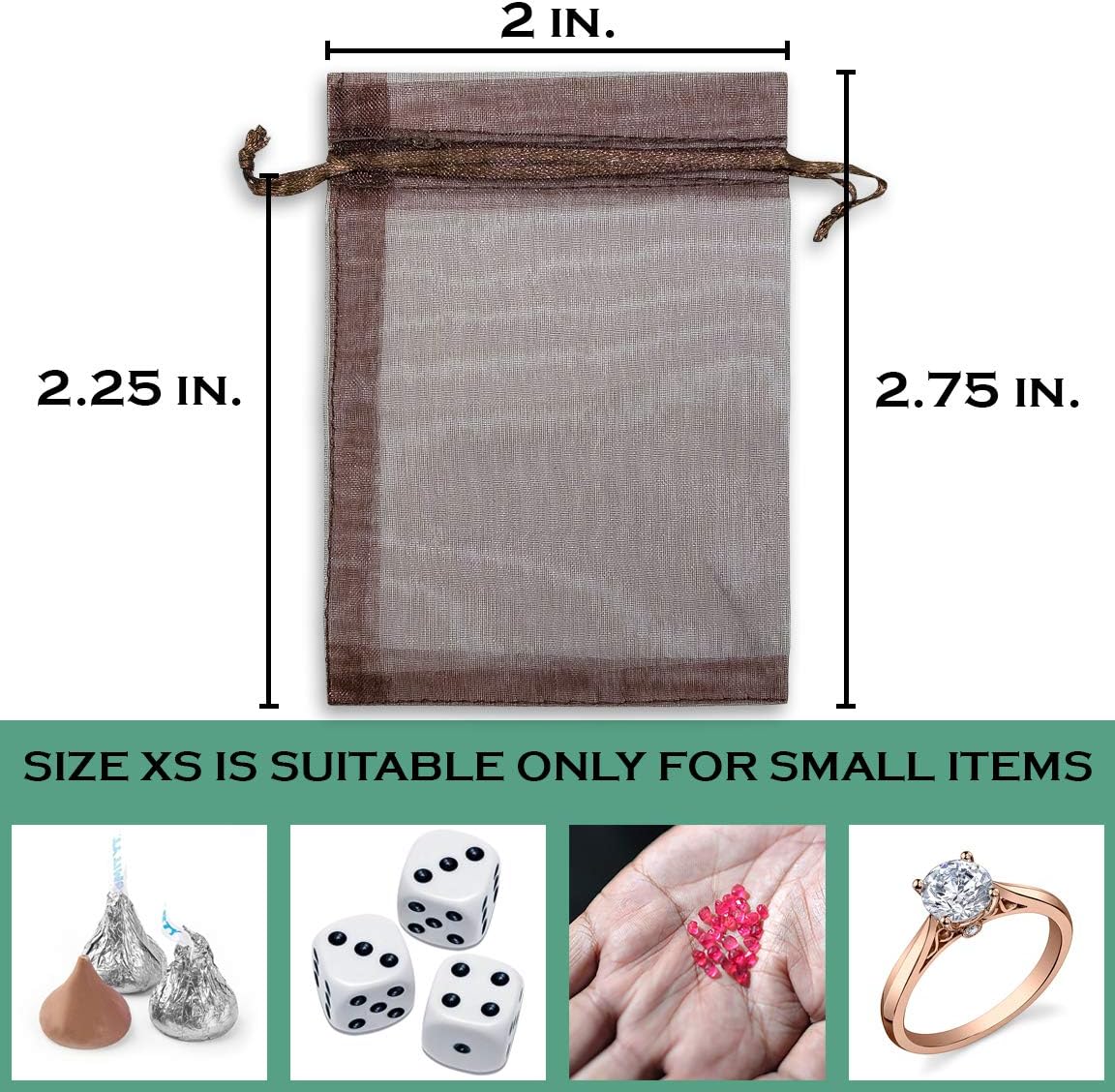 TheDisplayGuys 48-Pack 2" x 2-3/4" Brown Sheer Organza Gift Bags with Drawstring, Goodie Bags for Jewelry, Candy Bags, Treat Bags, Wedding Favors Small Mesh Bags