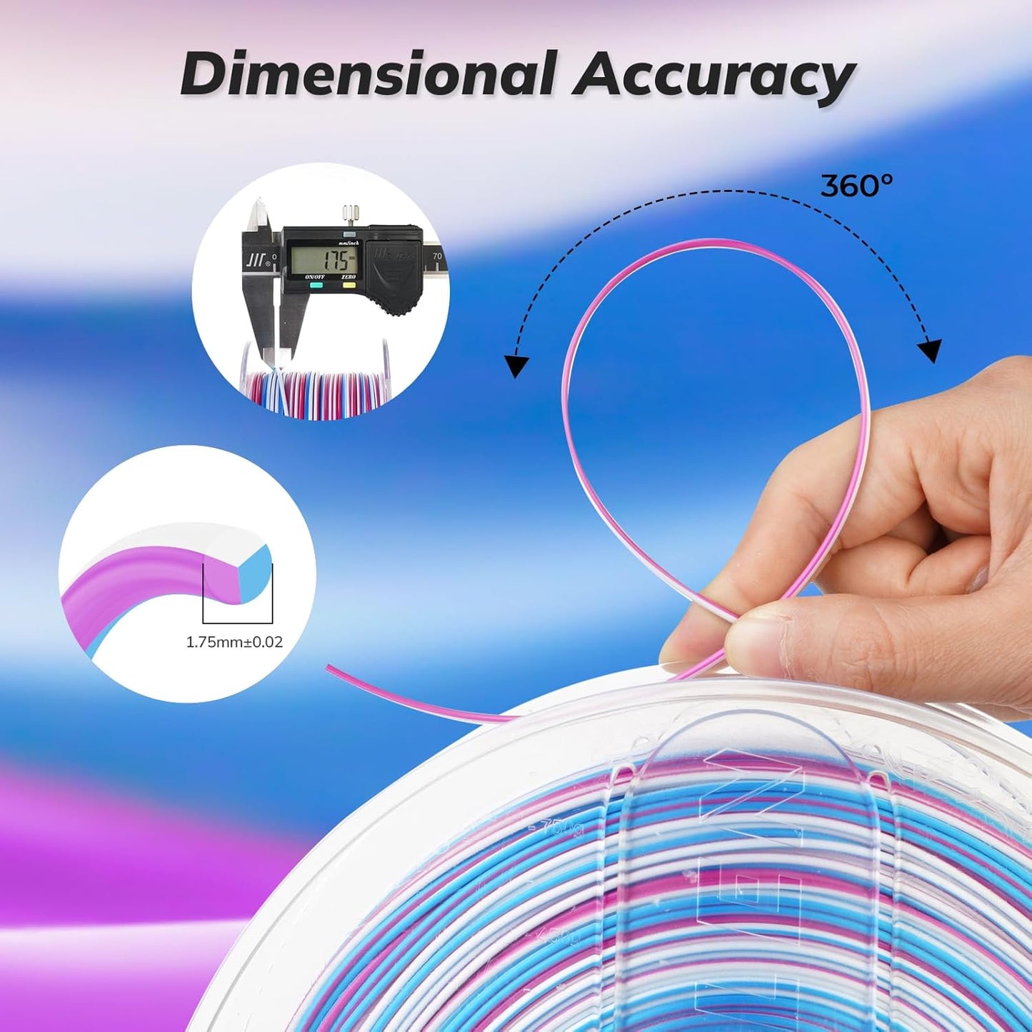 AMOLEN Silk PLA 3D Printer Filament, Shiny Multicolor Rainbow PLA Filament 1.75mm, Fast Color Change PLA 3D Printing Filament for Most FDM 3D Printer, Magenta Pink Blue White, 1kg (2.2lbs)