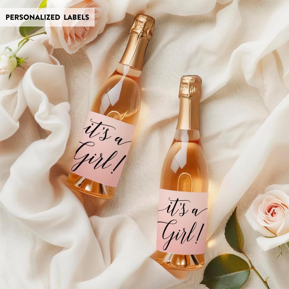 Andaz Press Blush Pink Rose Elegant Party Baby Shower Collection, Waterproof Mini Champagne Wine or Milk Bottle Labels, It's a Girl!, 20-Pack, Party Favors Decor Gift Ideas