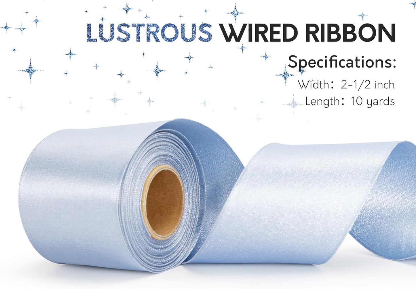 Light Blue Satin Wired Ribbon 2-1/2 Inch Double-Faced Sliver Glitter Christmas Ribbons for Wreath, Tree Decoration, Gift Wrapping, Home Decor 10 Yards