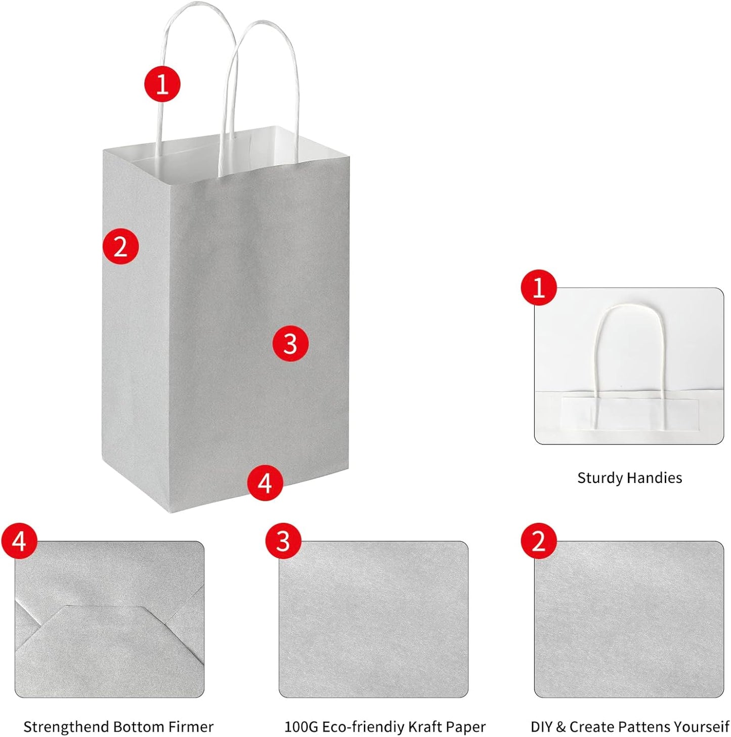 Oikss 50 Pack 5.25x3.25x8.25 Inch Small Gray Kraft Paper Bags with Handles Bulk for Birthday Wedding Party Favors Grocery Retail Shopping Business Goody Craft Gift Bags Sacks (Silver Grey 50 Count)