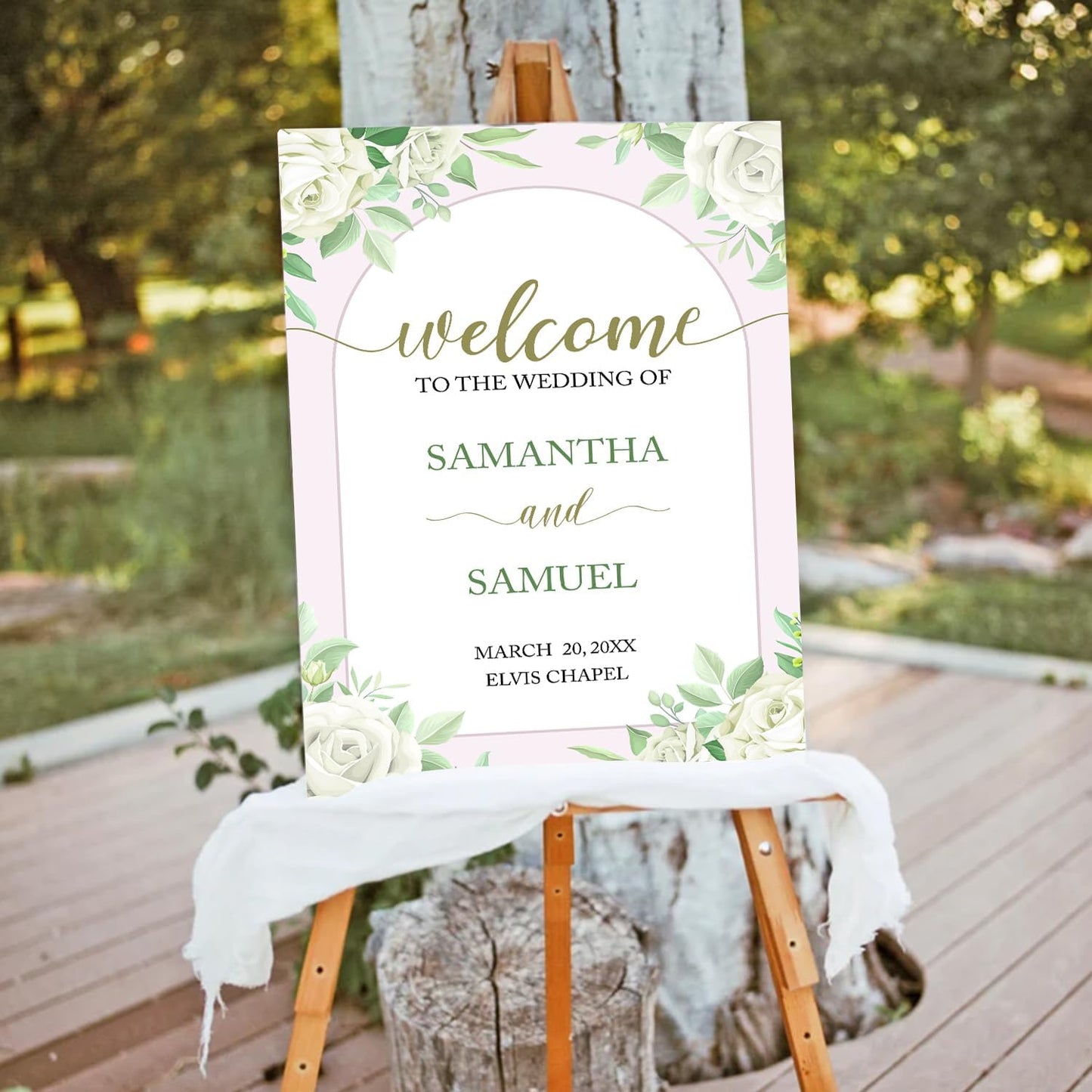 Editable Greenery Wedding Welcome Sign Template, Printable White Floral Sign for Ceremony or Reception, Modern Minimalist Wedding Decor