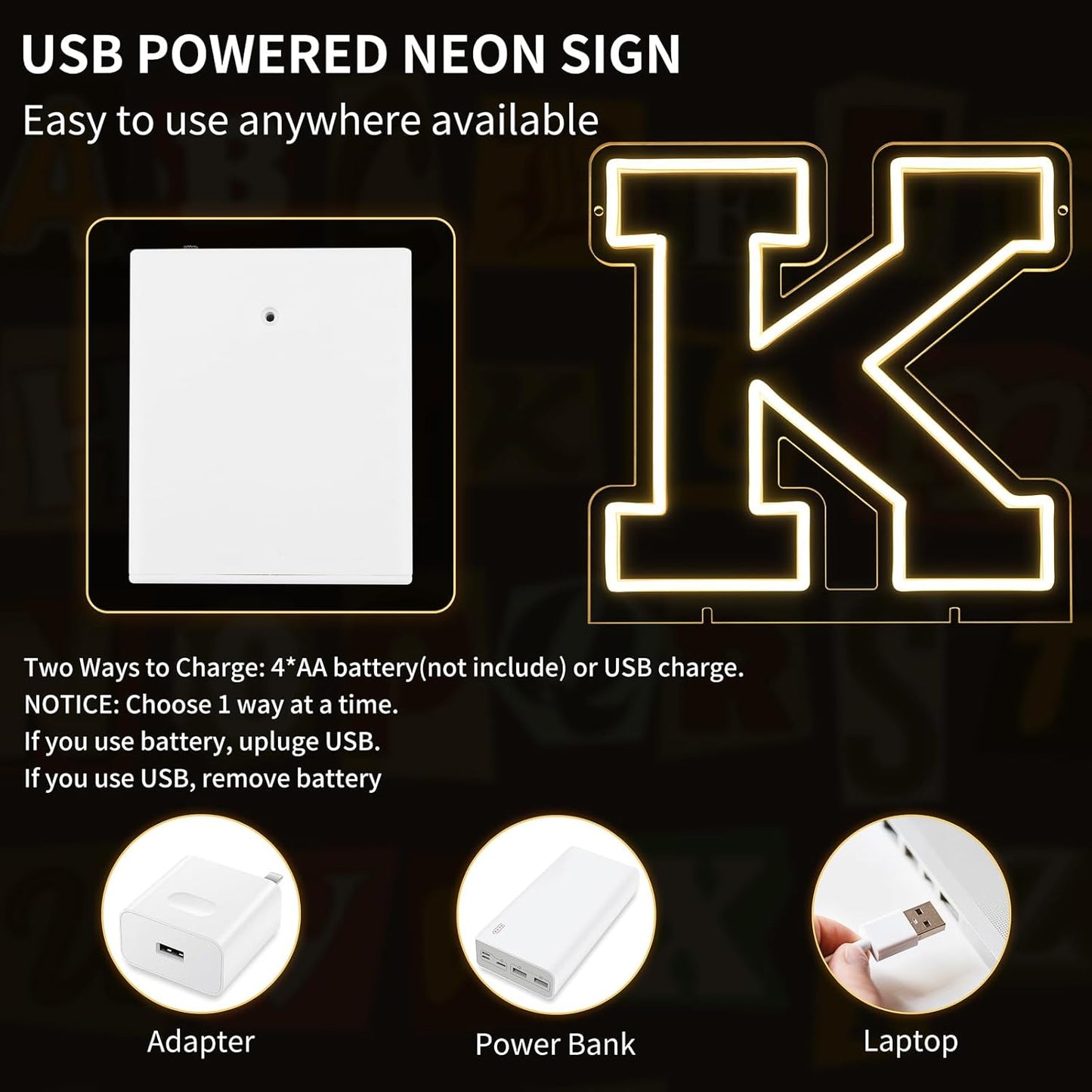 Light Up Letters K, Led Marquee Letter Lights Neon Sign, 13" Height Decorative Lighted Alphabet Number, Battery/USB Powered Led Letters Lights for Wedding, Birthday, Party, Christmas or Home Decor