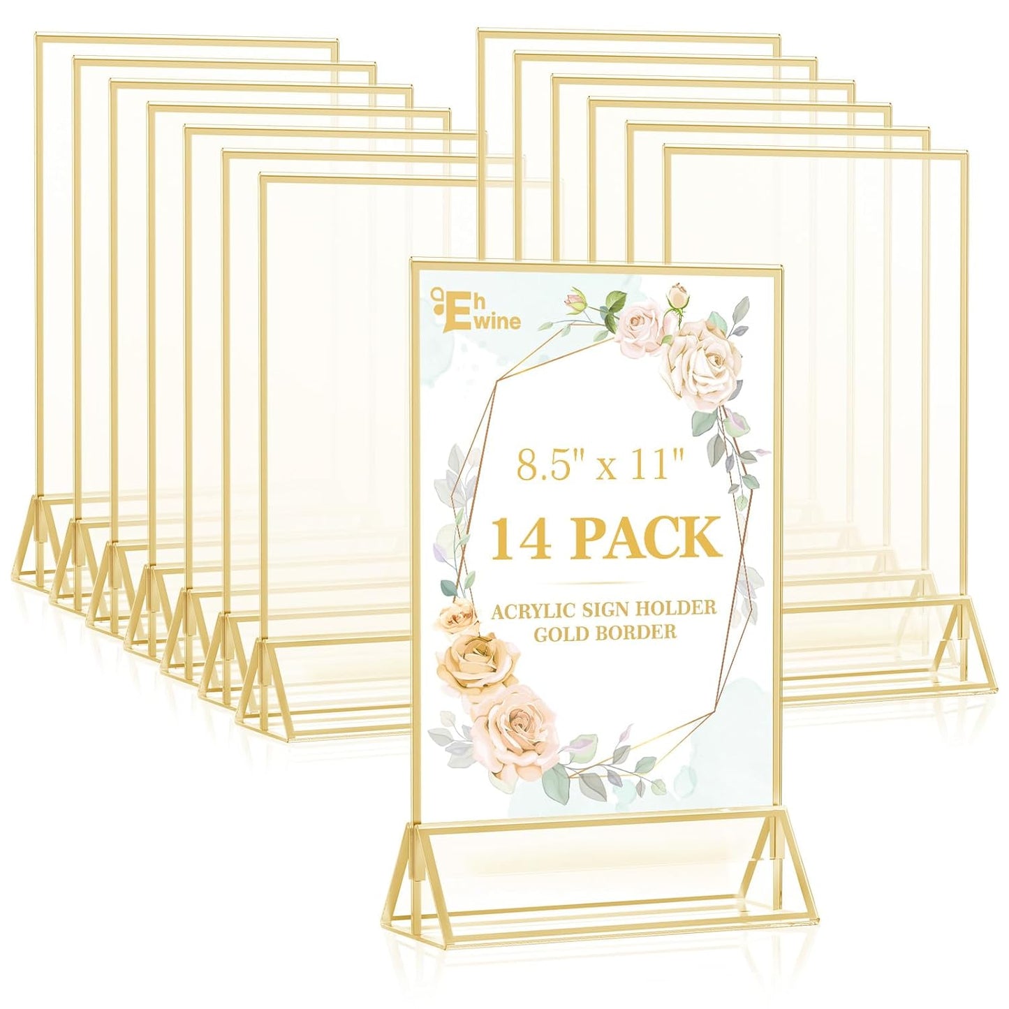 EHWINE 14 Pack 8.5×11 Clear Acrylic Sign Holder with Gold Borders and Vertical Stand, Double Sided Table Menu Holders Picture Frames for Wedding Table Numbers, Restaurant Signs, Photos and Art Display