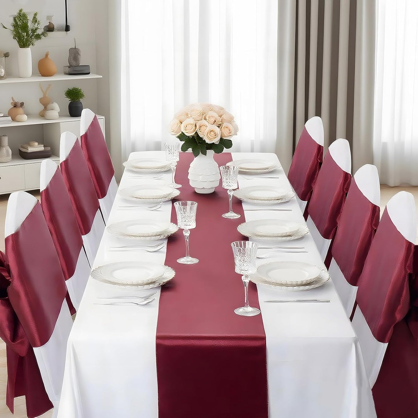 10 Pack Wine Red Satin Table Runner 12x108 Inches Long, Bright Silky Smooth Satin Table Runner Table Decor for Wedding Banquet Christmas Prom Event Birthday Party