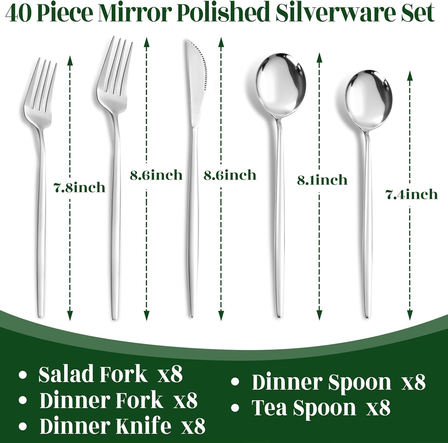 NOCCUR 40-Piece Stainless Steel Silverware Set for 8 - Utensils Set Include Knives Spoons and Forks - Mirror Polished for Home&Party