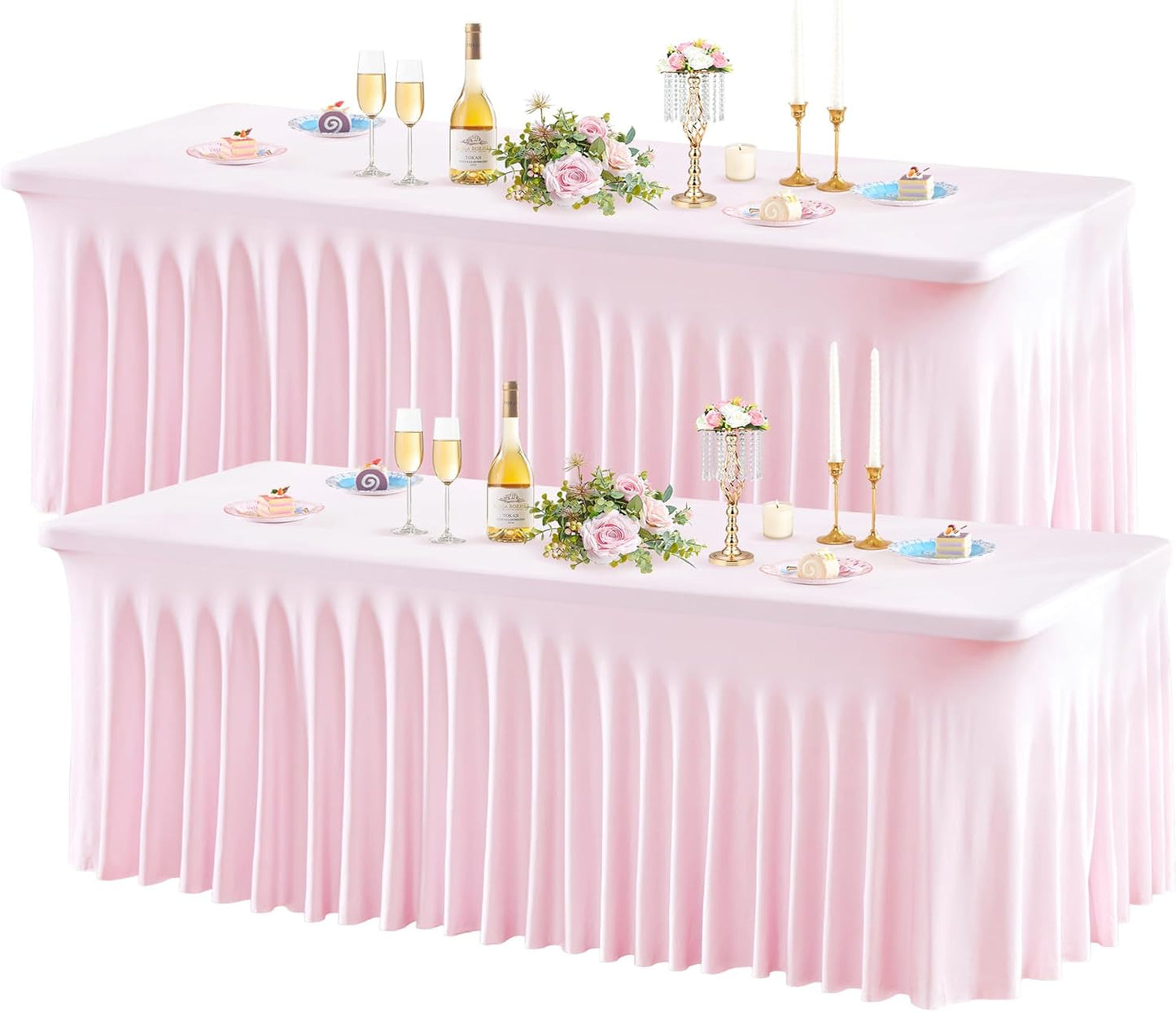 2 Pack Pink Spandex Table Clothes for 8 Foot Rectangle Tables, 8FT Wrinkle Free Fitted Tablecloths Ruffles Design Table Cover for Party, Banquet, Wedding and Events