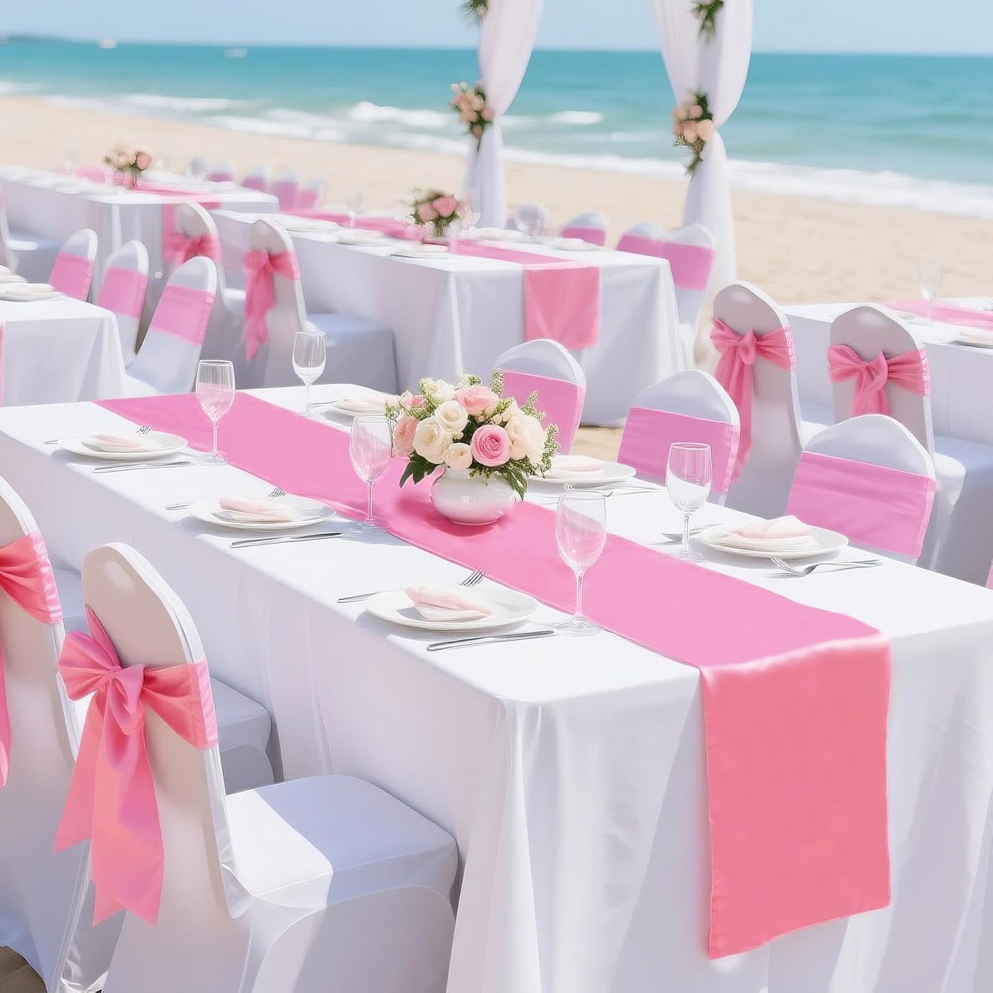 SHEJIZE 20 Pack Pink Satin Table Runner 12x108 Inches Long, Bright Silky Smooth Satin Table Runner Table Decor for Wedding Banquet Christmas Prom Event Birthday Party