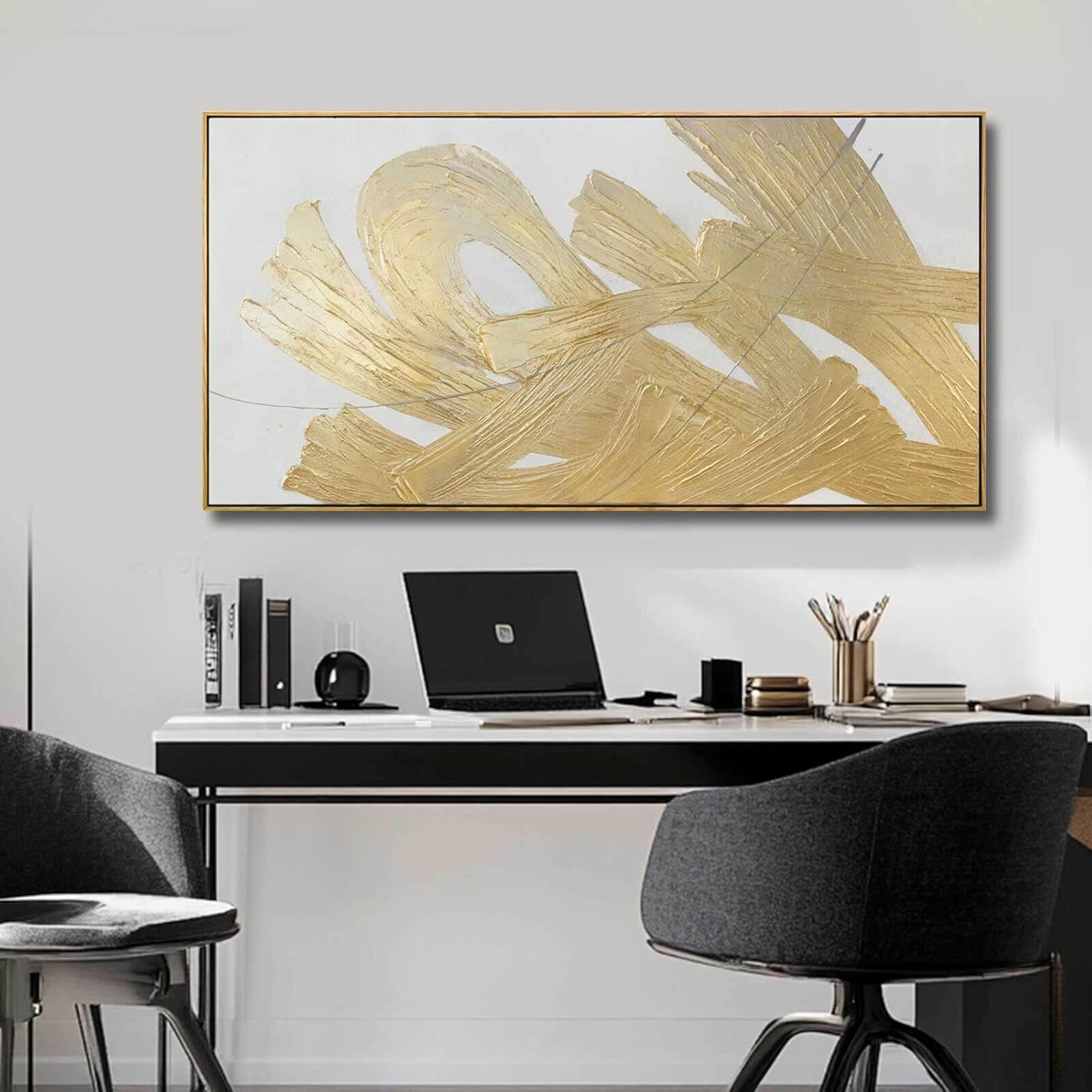 Gold Framed Canvas Art Abstract Wall Decor White Picture Decor 24"x48" Canvas Wall Art for Bedroom Oil Painting for Kitchen