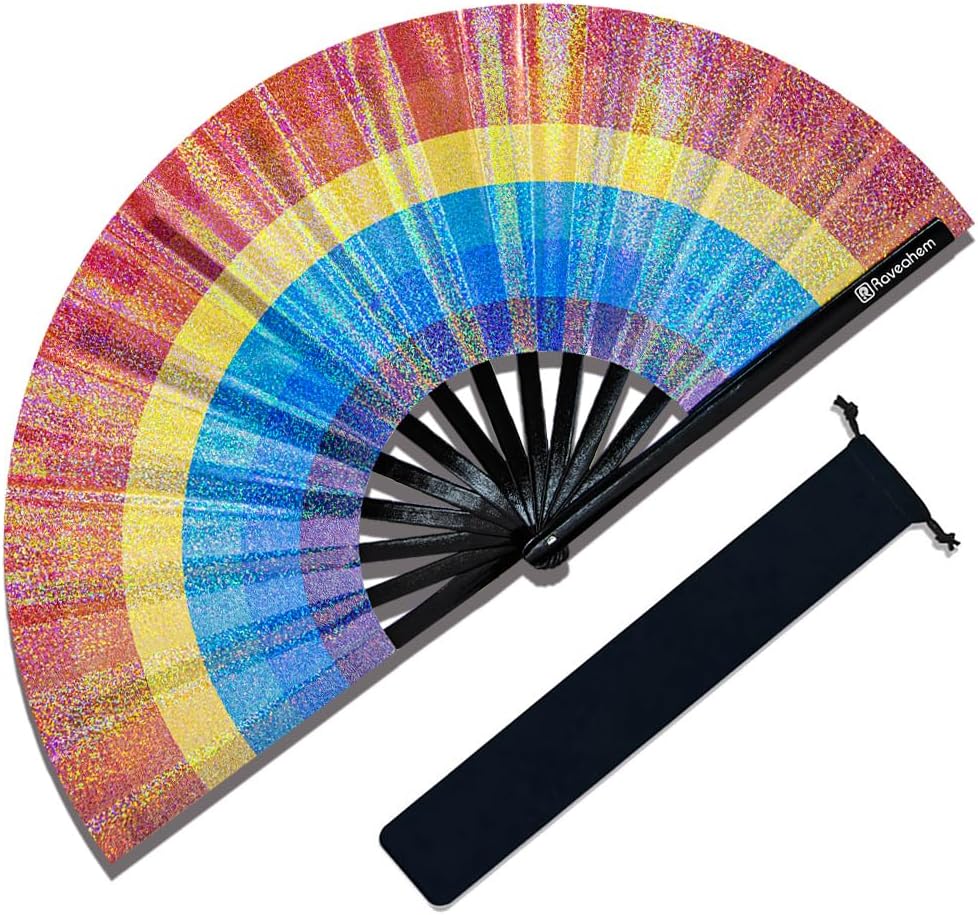 Large Rave Fan, Clack Folding Hand Fan with Premium Fabric, Thick Bamboo Frame for Men Women Gift for EDM, Festival, Club, Party, Dance, Decoration (Lridescent Rainbow, 13")
