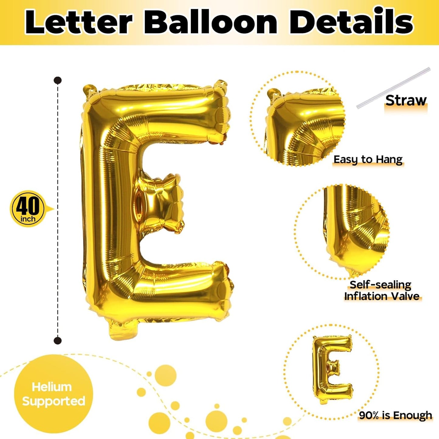 Large Custom Balloon Letters E, 40 Inch Helium Alphabet Word Balloons Decor, Big Self Inflating Foil A-Z Gold Letter Name Balloons for Boys Women Birthday Anniversary Party Decorations Supplies