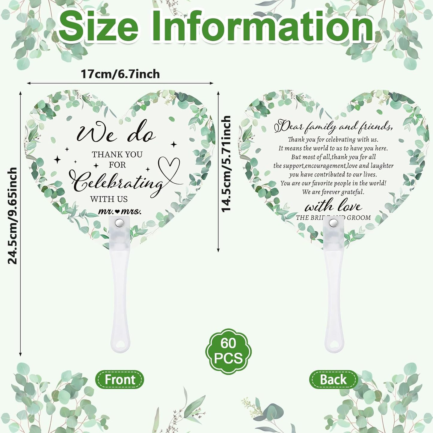 60Pcs Wedding Fan Gifts for Guests Greenery Handheld Fan with 1 Wedding Table Sign, Greenery Wedding Favors Thank You Fans for Guests Hostess Gifts Plastic Handheld Heart Shape Fan Green Leaf Pattern