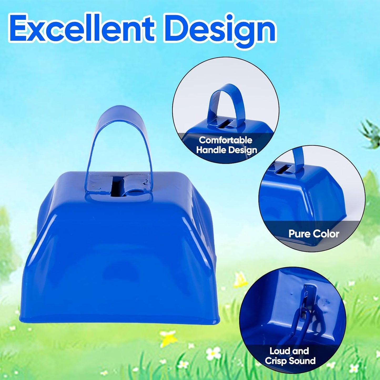 Cow Bells Noise Makers Blue Cheering Bell for Sporting Events: 12 Pcs Metal Cowbells with Handle - Small Loud Bell Bulk Hand Percussion for Football Games Graduation Weddings-Blue