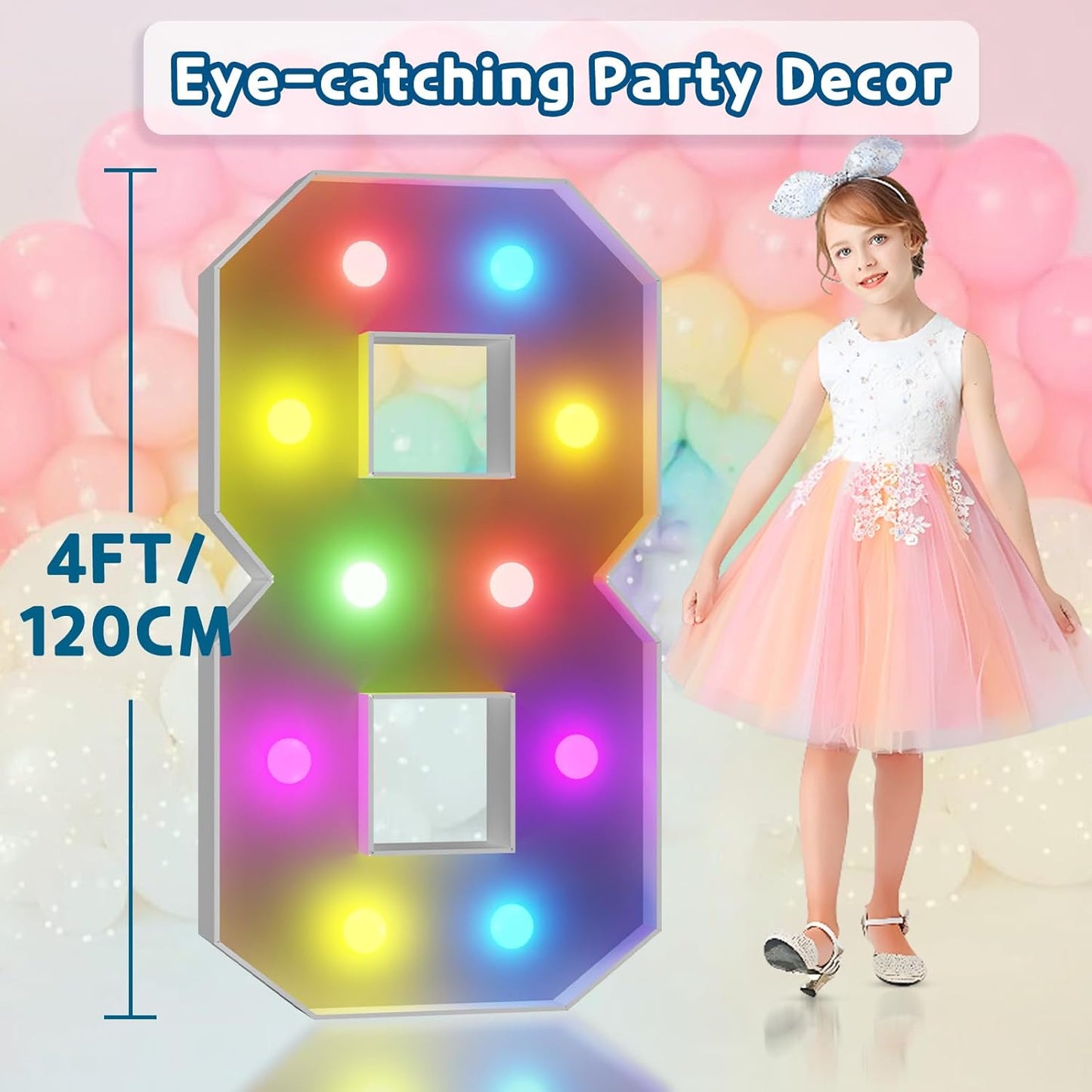 imprsv 4FT Colorful Marquee Numbers,18 Colors Number 8 with Remote, Light Up Sign for 8th Birthday Decorations Anniversary Party Decor, Pre-Cut Foam Board Kit, Mosaic Sign for Balloon