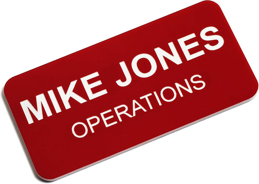 Custom Engraved Name Tag Badges – Personalized Identification with Pin or Magnetic Backing, 1.5 Inches x 3 Inches, Red/White