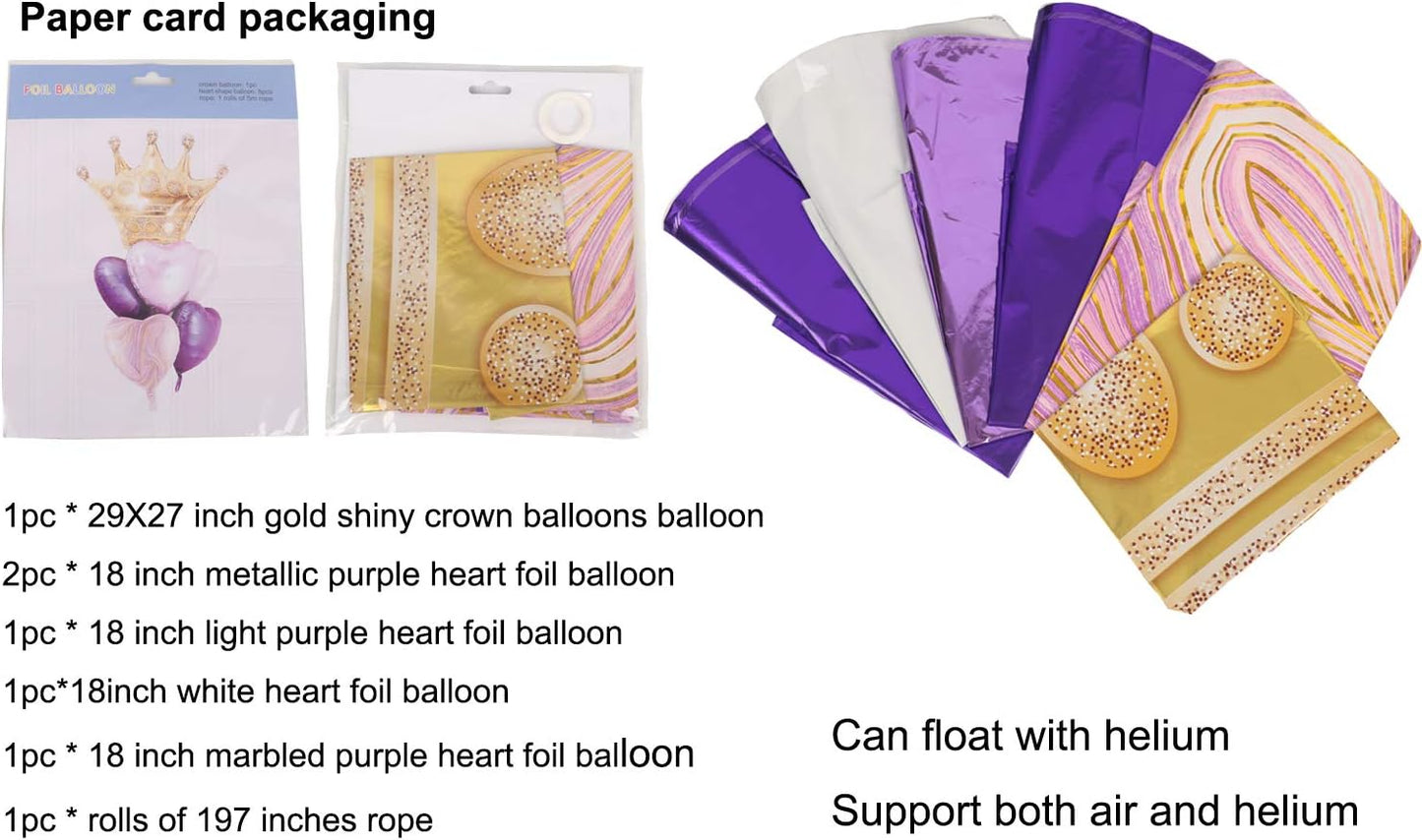 Purple Balloons Birthday Decorations，Gold Crown Princess Foil Balloons Set for Girls Women Party Decorations Baby Shower