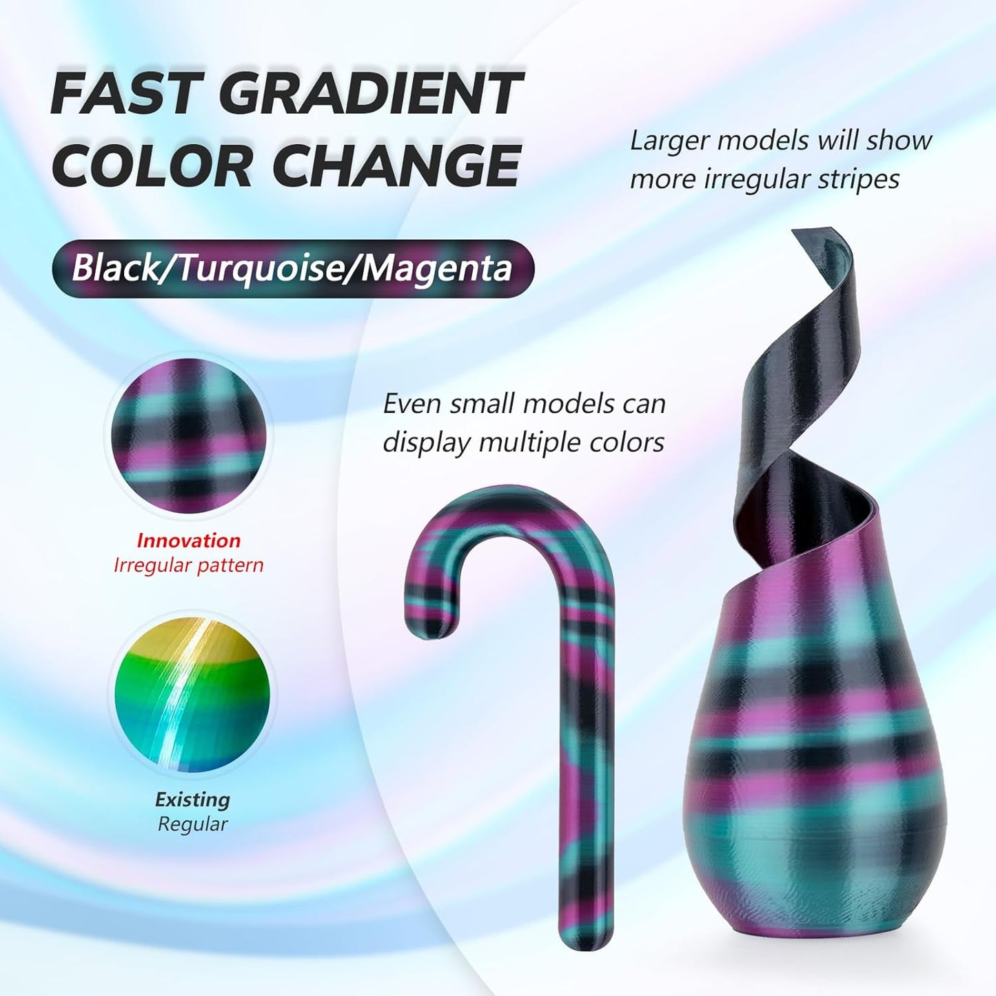 AMOLEN Silk PLA 3D Printer Filament, Shiny Multicolor Rainbow PLA Filament 1.75mm, Fast Color Change PLA 3D Printing Filament for Most FDM 3D Printer, Black Turquoise Magenta, 1kg (2.2lbs)