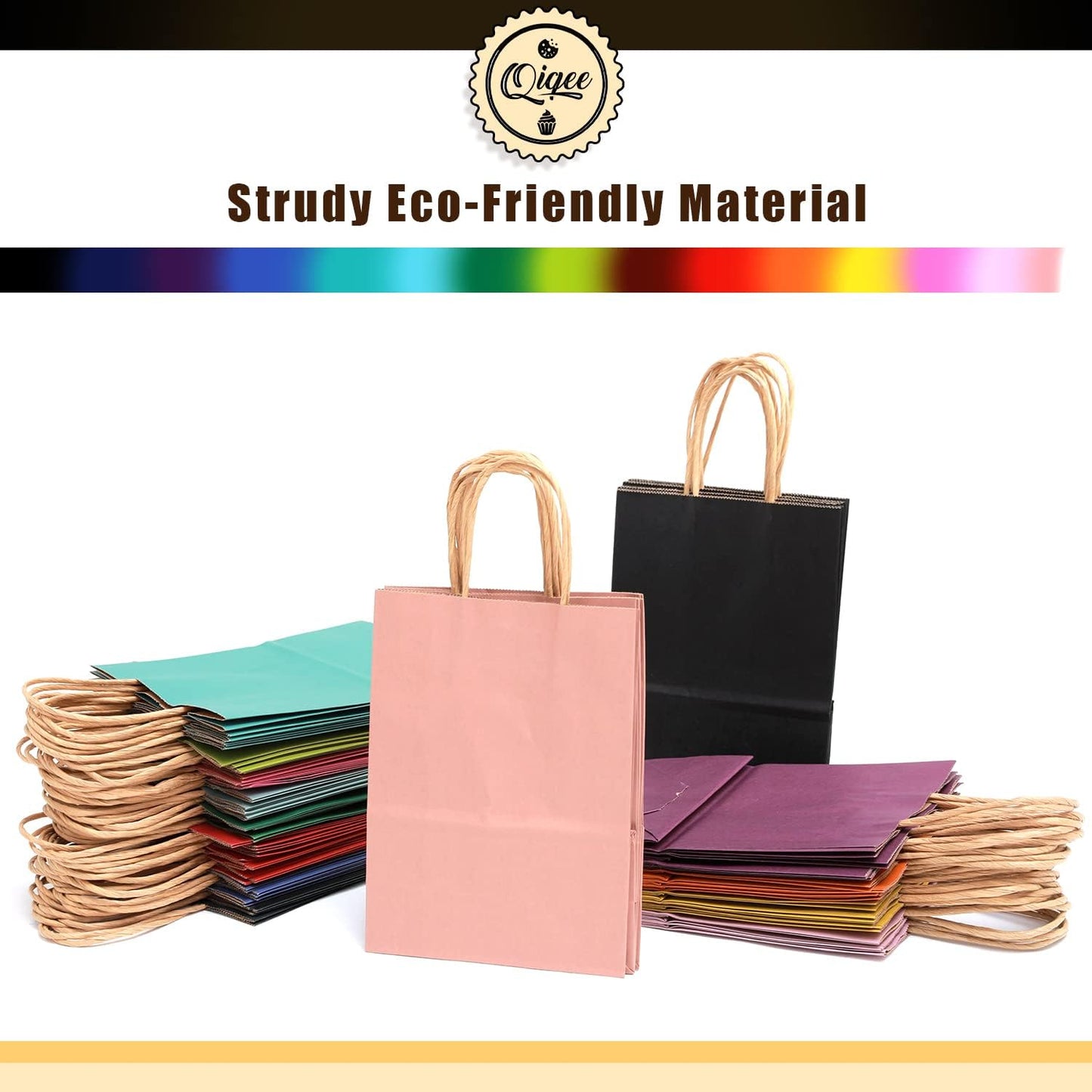 qiqee Medium Size Paper Gift Bags With Handles 10.6"x8.3"x4.3" 16 Solid Colors Party Favor Bags（16-Packs）