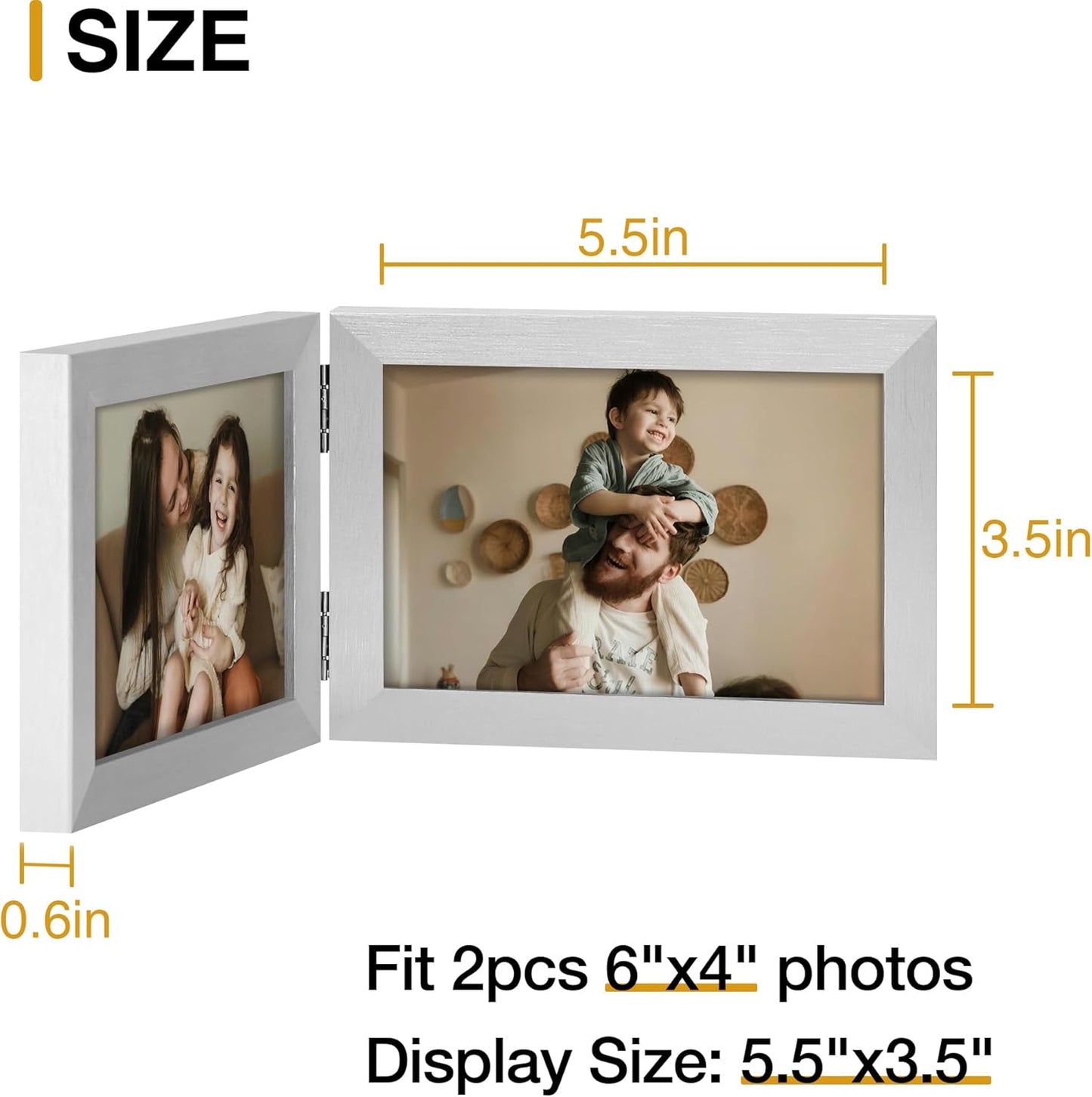 decorUhome Double 6x4 Picture Frame Horizontal, Engineered Wood Bifold Photo Frame with Plexiglass for Tabletop Display, 6x4, Silver