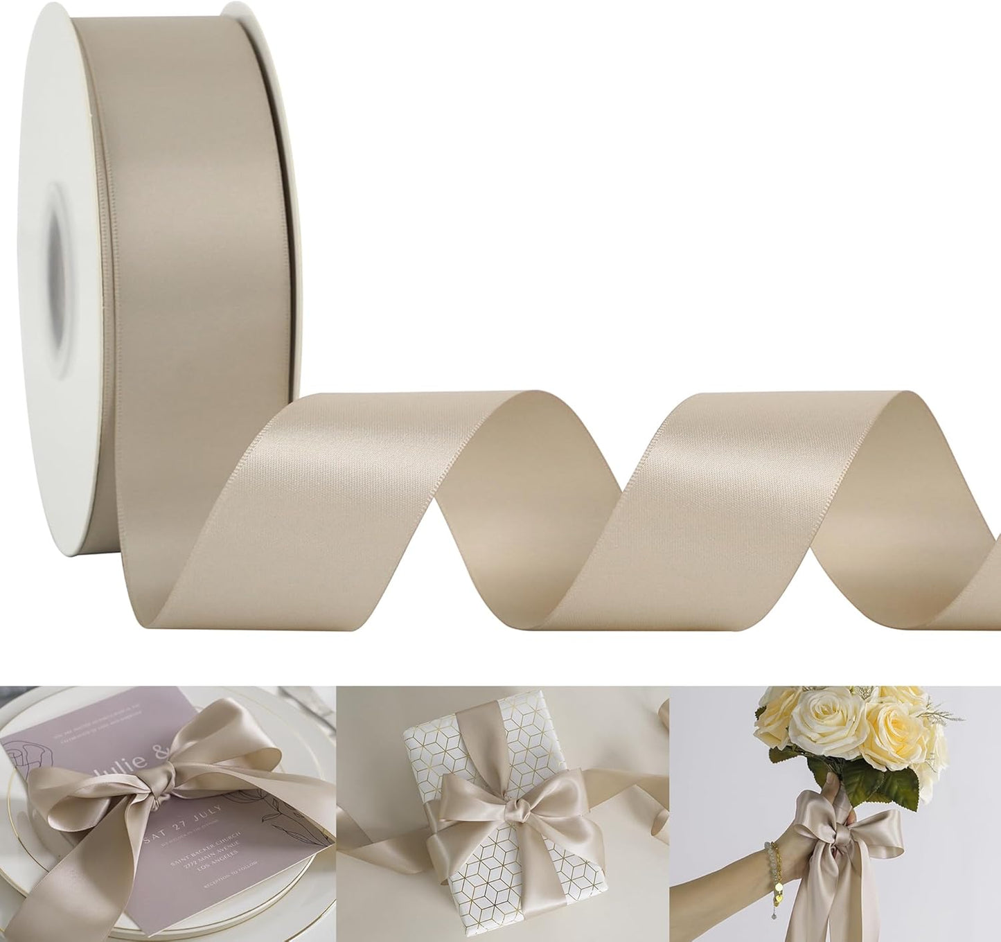 HUIHUANG Tapue Satin Ribbon 1-1/2 inch x 50 Yards Stone Color Double-Faced Satin Ribbon for Bows, Flower Bouquet, Gift Wrapping, DIY Crafts, Holiday Decor, Christmas Wedding Party Decor