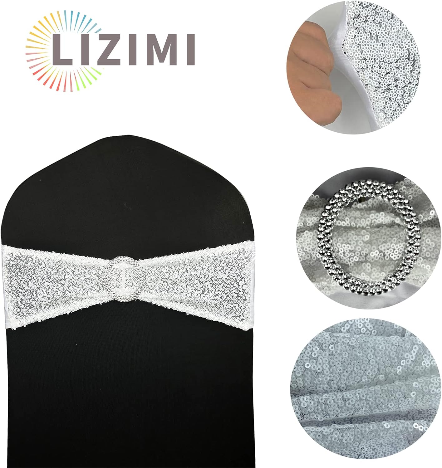 25 Pcs Sequin Chair Sashes Stretch Chair Bands Spandex Polyester Bows for Party Hotel Wedding Banquets Decoration - White