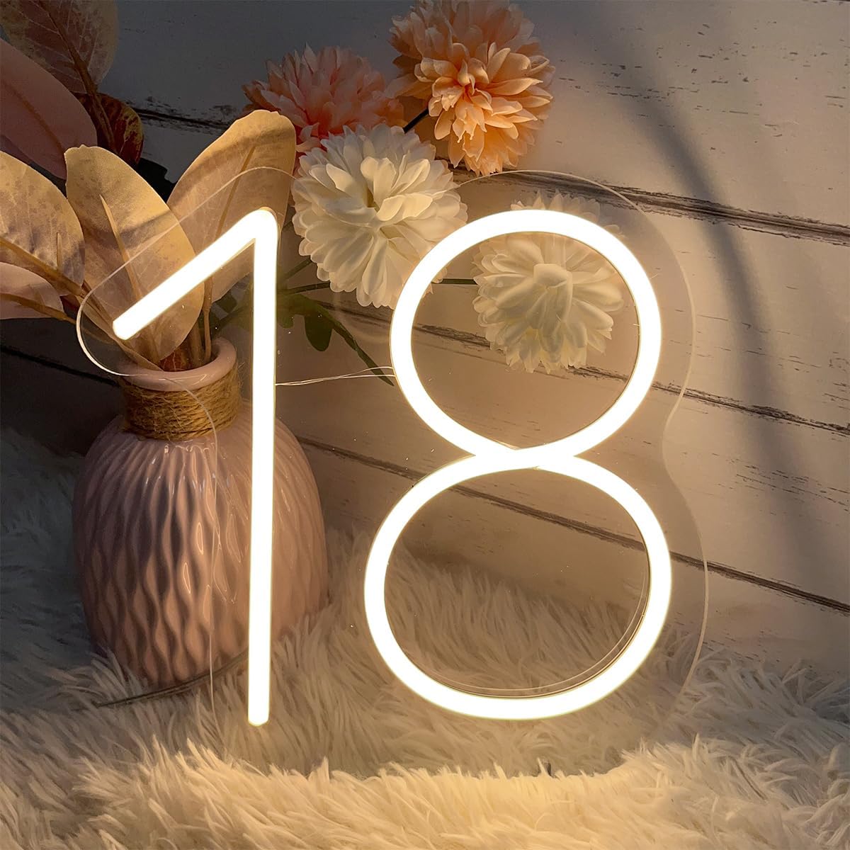 18 Year Old Neon Sign for First Birthday Party Neon Sign Custom Light Up Sign Indoor Bedroom Home Decor LED Neon Signs Large Backdrop Flex Christmas Living Room Girls Boys Gift,Warm White 25×24.8 CM