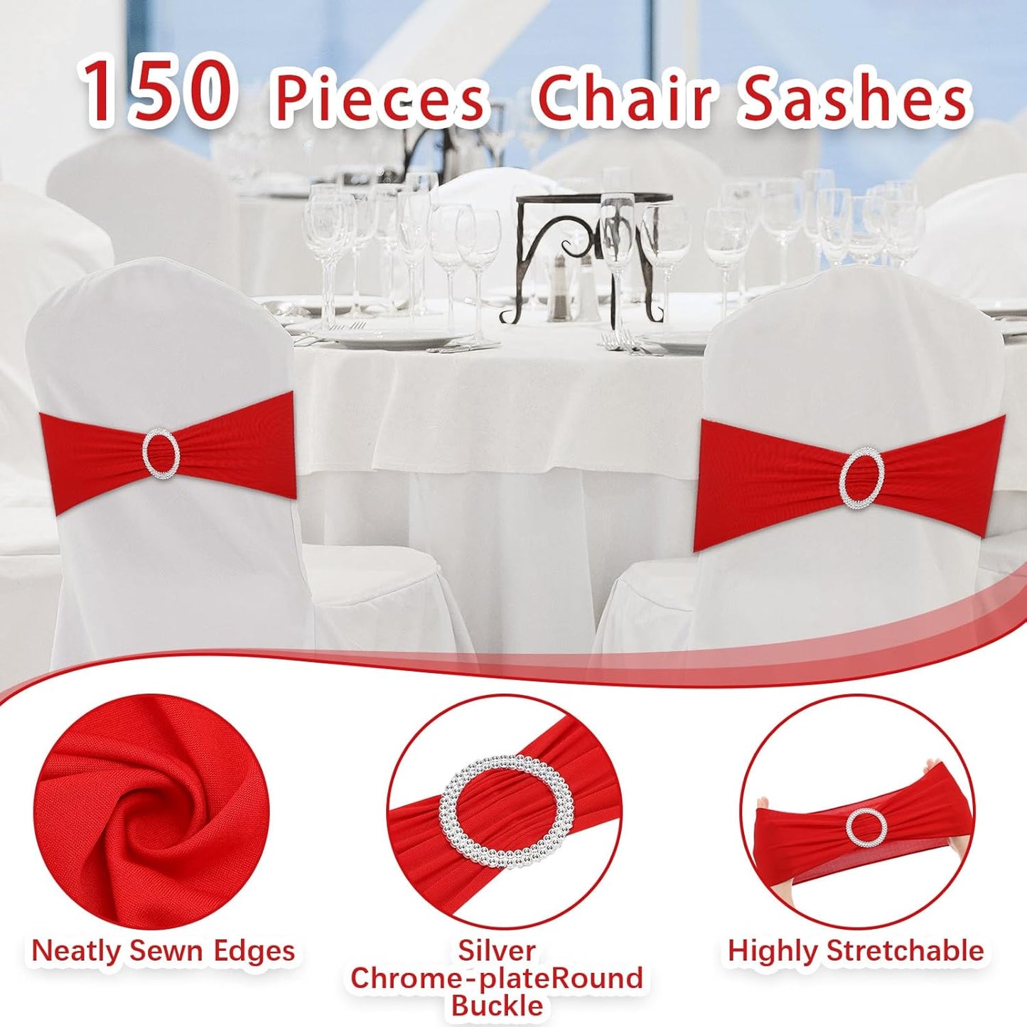 CHENGU 150 Pieces Spandex Stretch Chair Sashes Bows Elastic Chair Cover Bands Ties with Buckle Slider for Wedding Party Reception Events Universal Ceremony Banquet Decorations (Red)