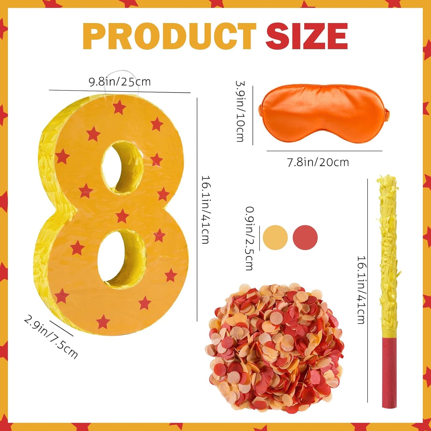 Orange and Red Star Number 8 Pinata, 16 Inch Piñata for 8th Birthday Party Decorations with Stick, Blindfold and Confetti (15.7 inch Number 8 Pinata)