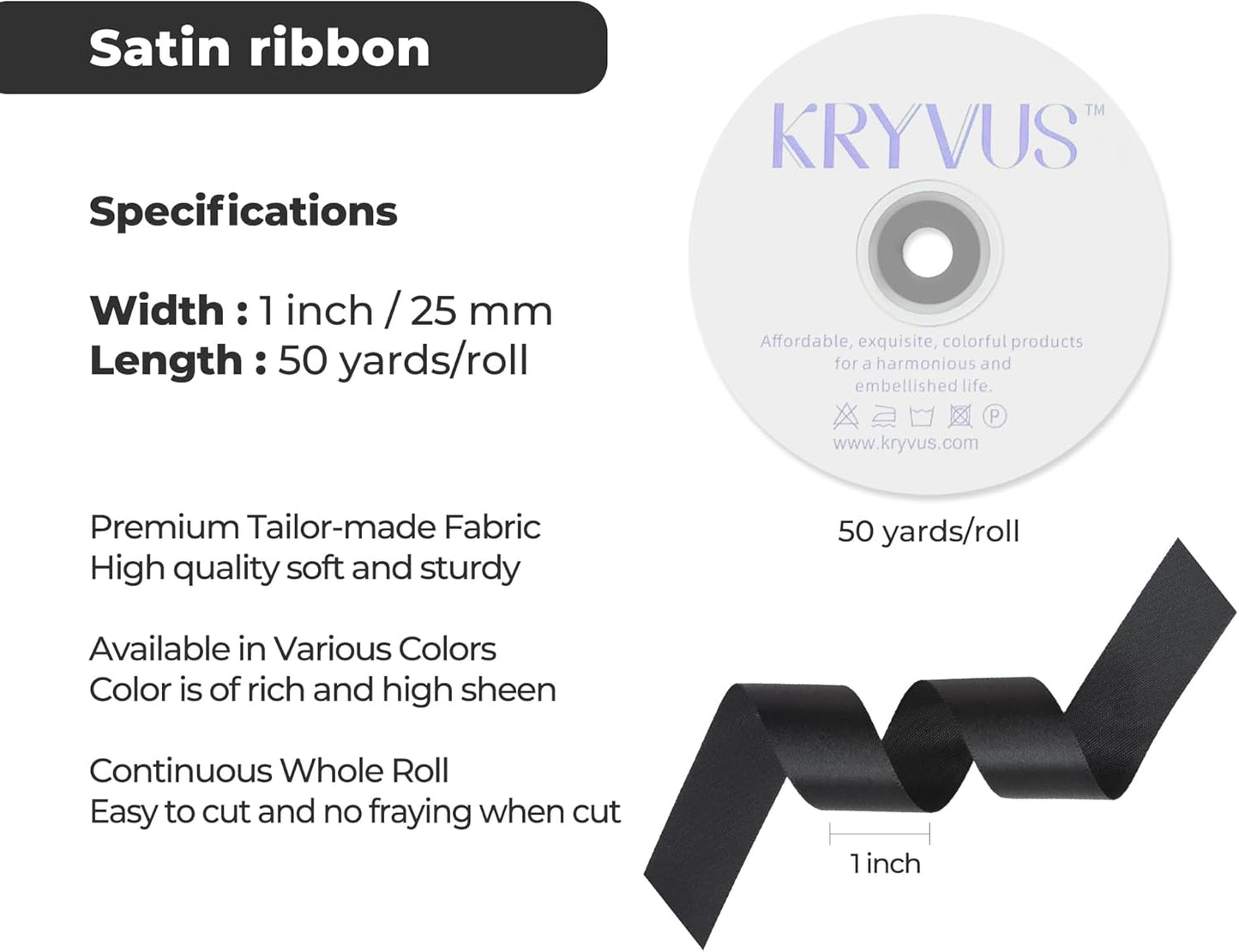 Black Satin Ribbon 1 inch X Continuous 50 Yards, Single Face Polyester Ribbon Perfect for Gift Wrapping, Flower Bouquet, Wedding Decor, Crafts, Bow Making, Sewing and More