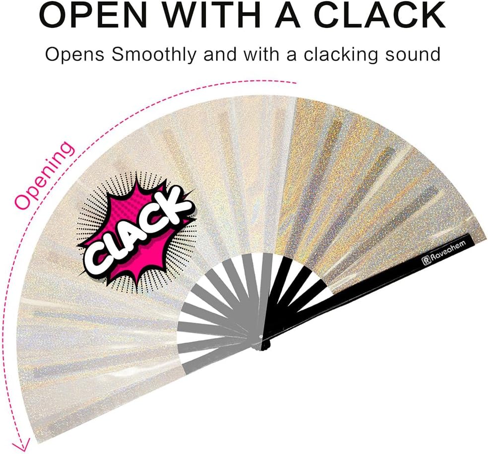 Large Rave Fan, Clack Folding Hand Fan with Premium Fabric, Thick Bamboo Frame for Men Women Gift for EDM, Festival, Club, Party, Dance, Decoration (Lridescent Beige, 13")