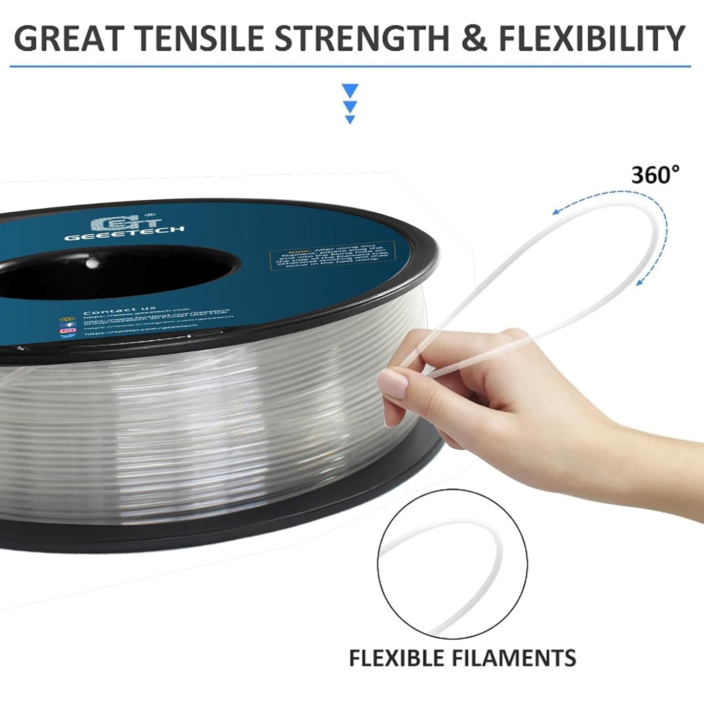Geeetech TPU Filament 1.75mm, Shore 95A Flexible 3D Printer Filament with High Elasticity, 1KG (2.2lbs) Spool, Dimensional Accuracy ±0.03mm, Fits Most FDM Printers (Clear/Transparent)